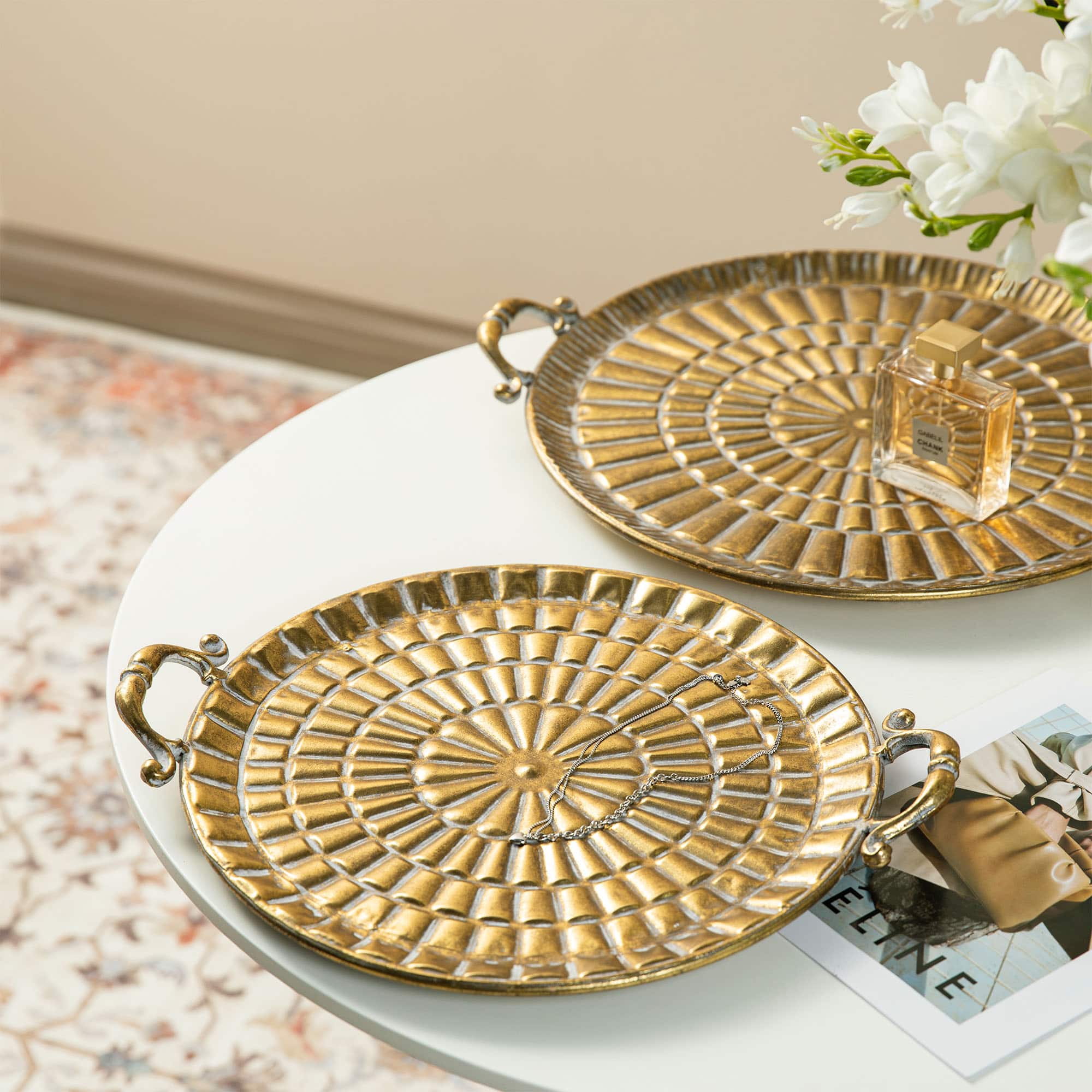 Glitzhome&#xAE; Gold Round Metal Embossed Decorative Trays Set