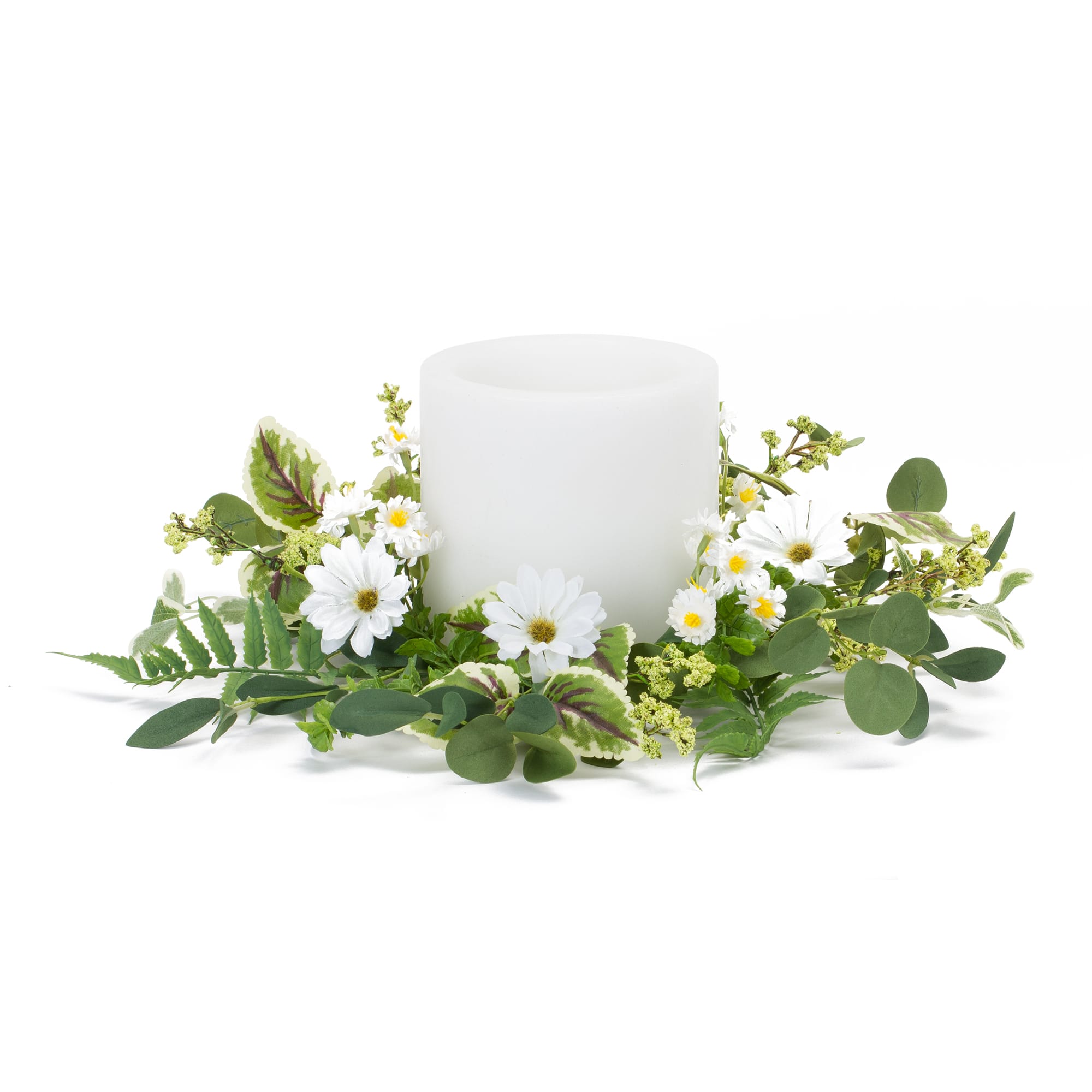 17&#x22; White Mixed Foliage &#x26; Daisy Candle Rings, 4ct.