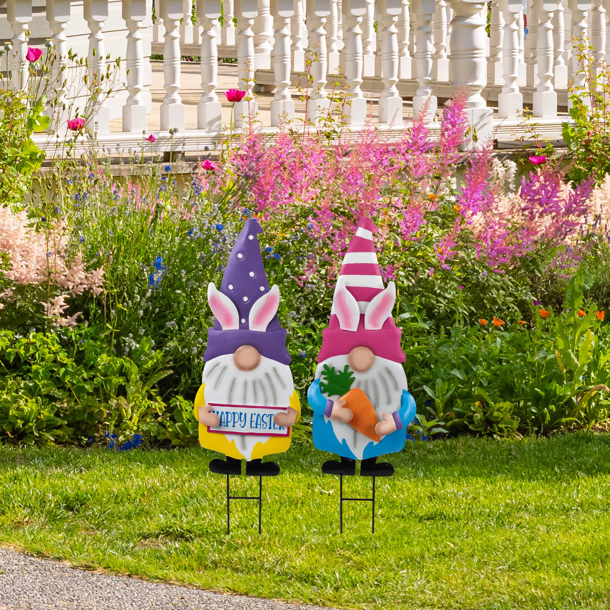 27" Gnomes with Bunny Ears Easter Outdoor Garden Stakes, 2ct.