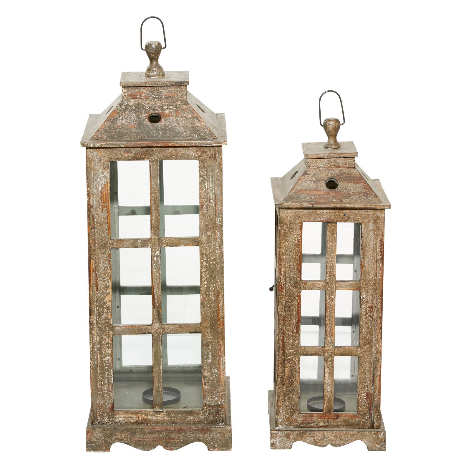 Set of 2&#x22; Brown Wood Rustic Lantern, 33&#x22;, 27&#x22;