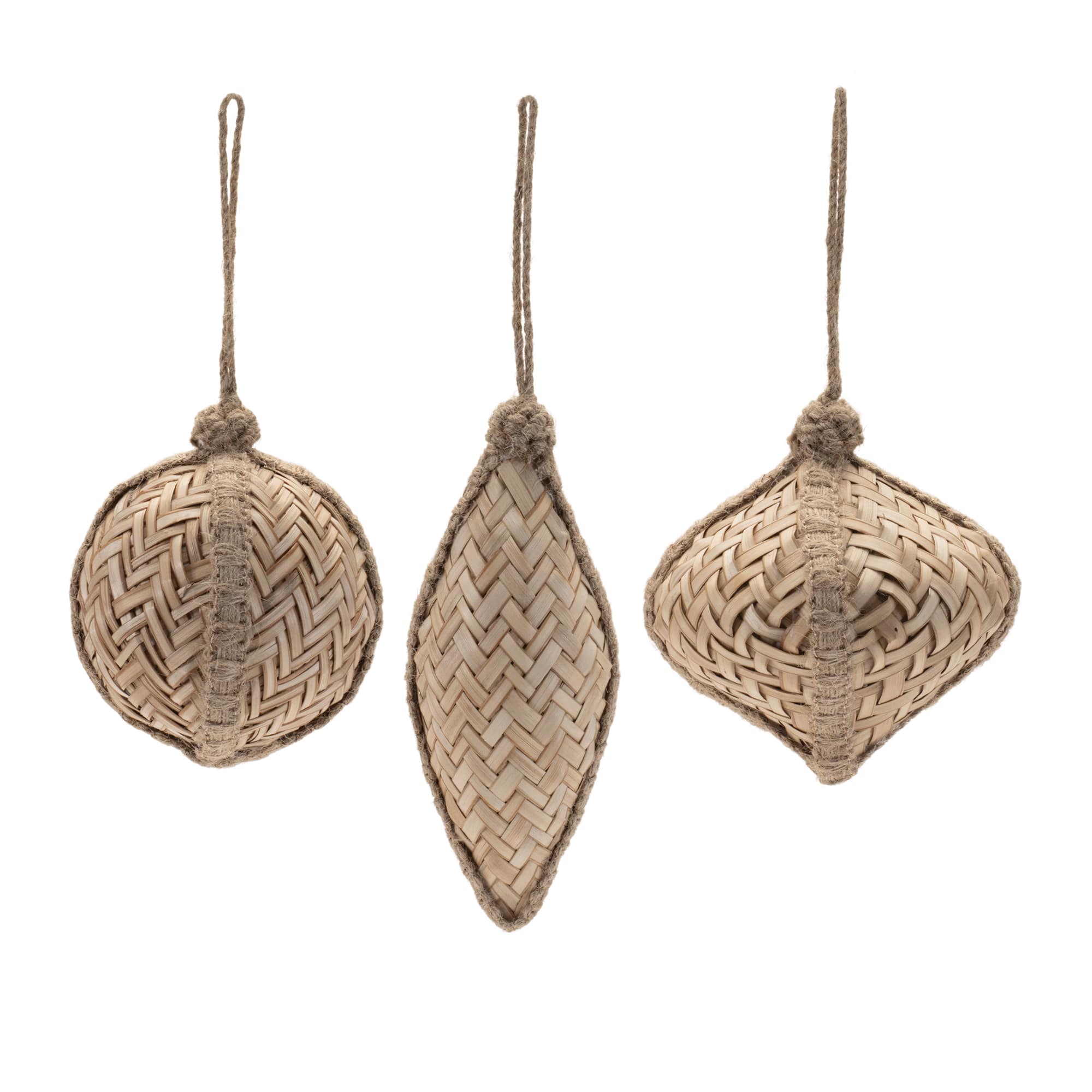 Woven Bamboo Ball Onion & Drop Christmas Ornaments with Jute Hanger Set