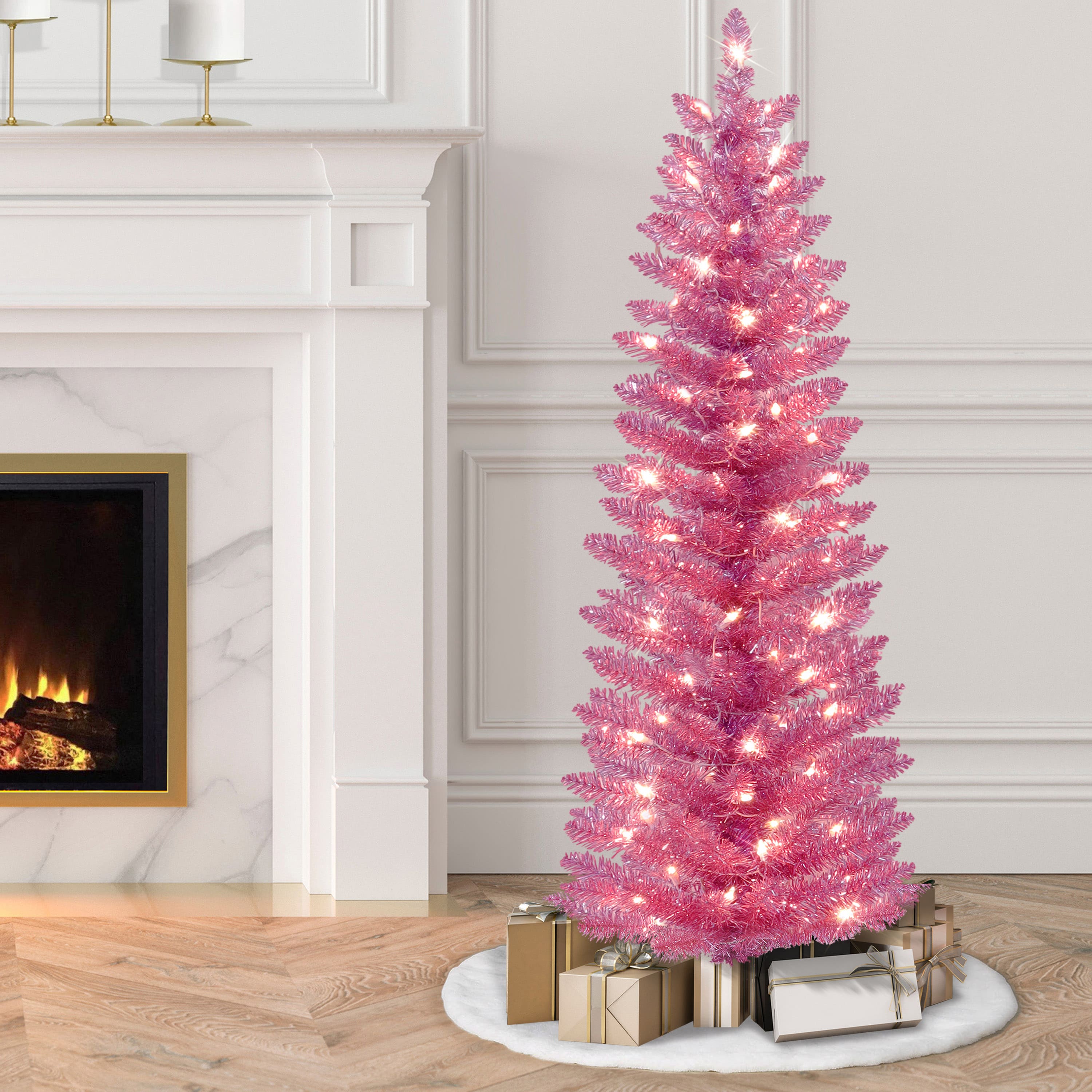 4.5ft. Pre-Lit Pink Tinsel Artificial Christmas Tree, Clear Lights