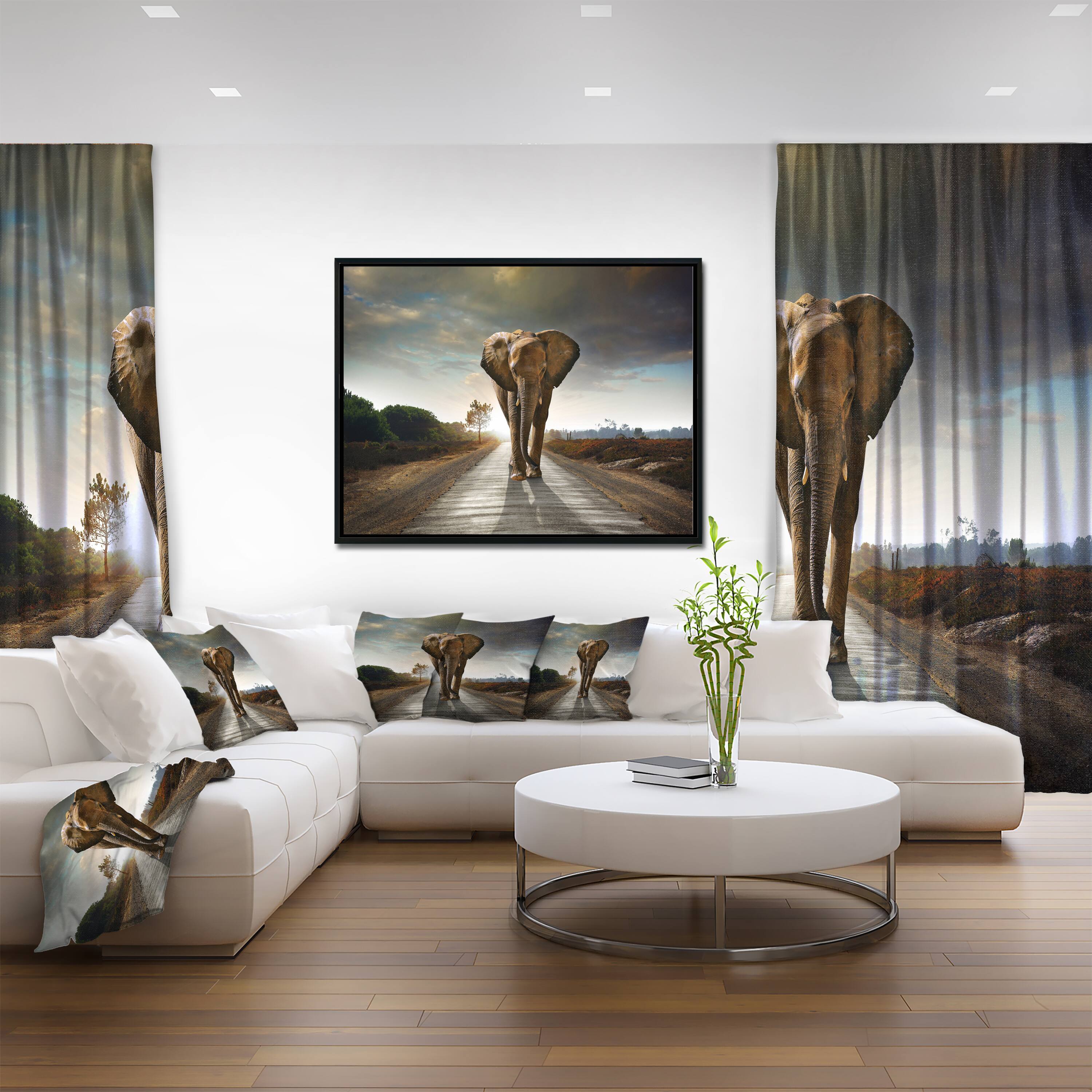 Designart - Single Walking Elephant - Photography Framed Canvas Art Print