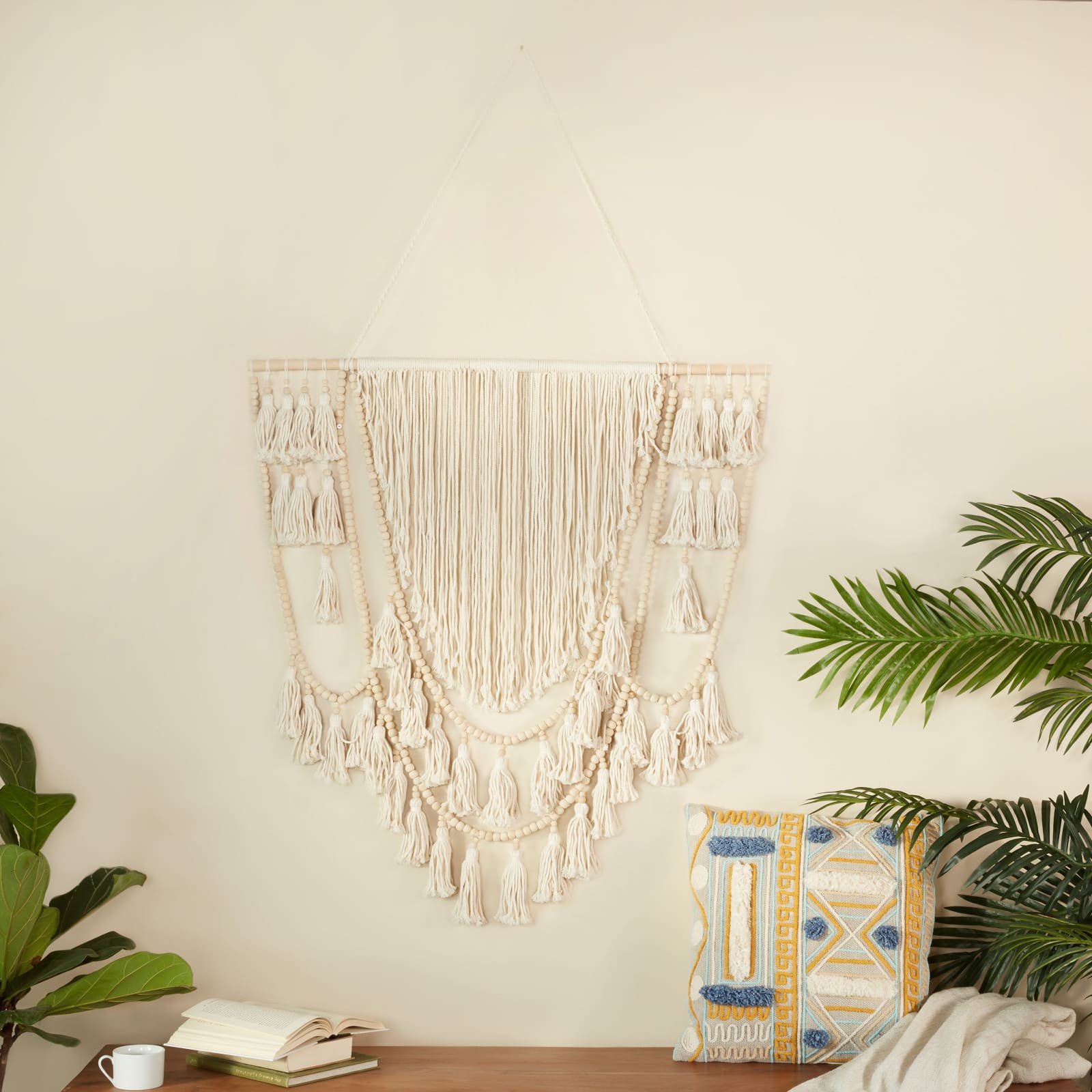 66" Traditional Macramé & Wood Wall Décor