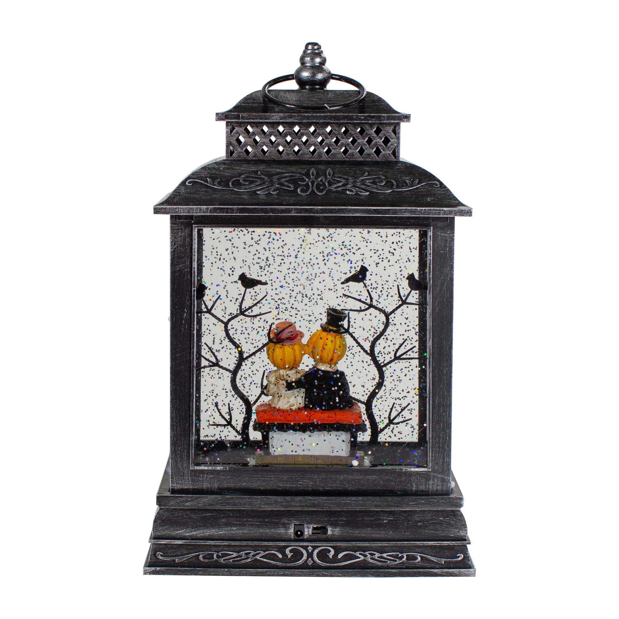 11.5&#x22; Black Lighted Halloween Snow Globe Lantern With Pumpkin Couple
