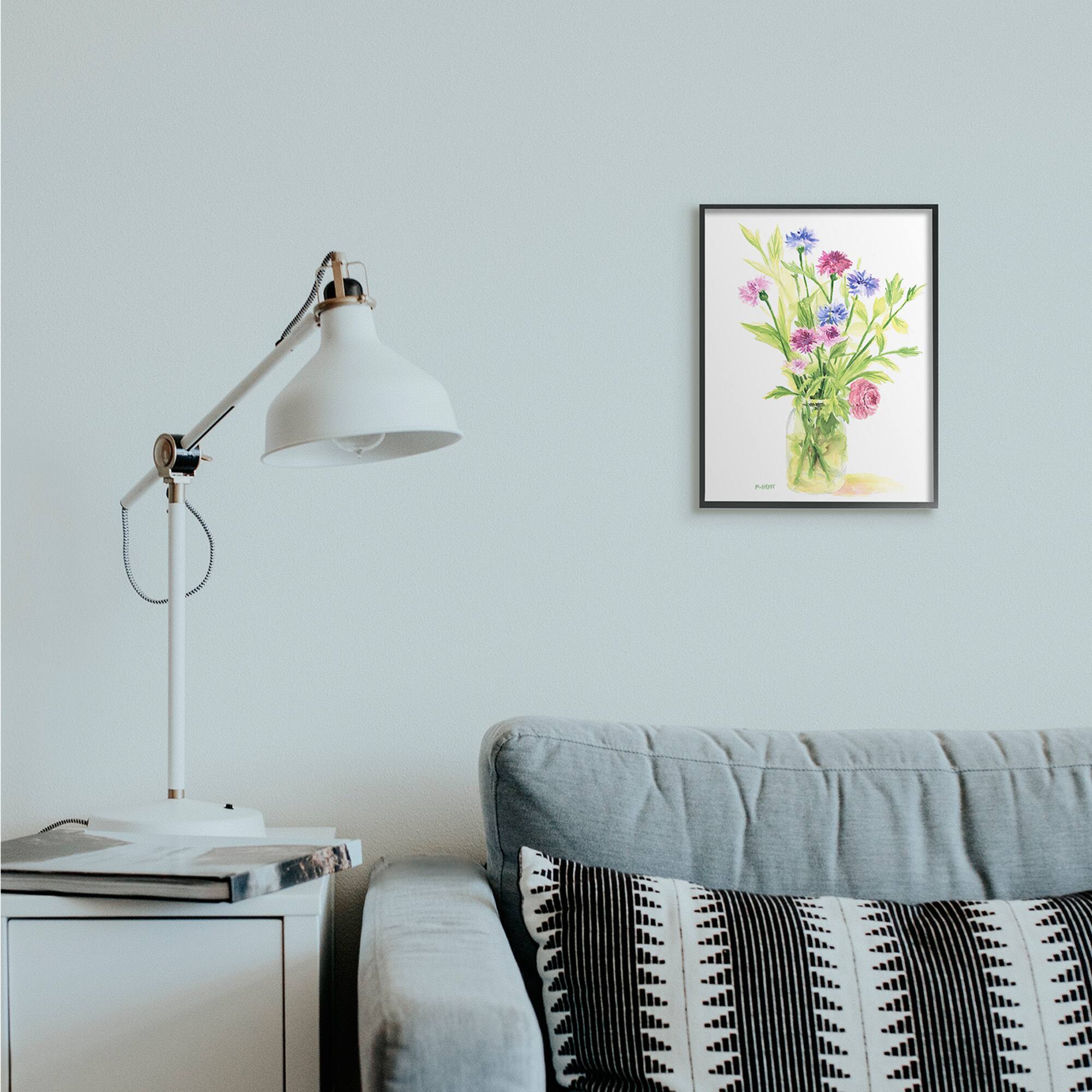 Stupell Industries Bouquet of Wildflowers Soft Green Purple Blue Watercolor in Black Frame Wall Art
