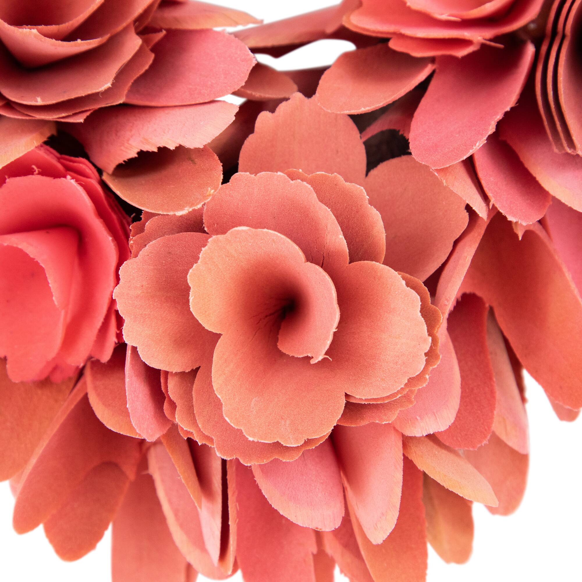 14&#x22; Salmon Pink Valentine&#x27;s Day Wooden Floral Heart Wreath