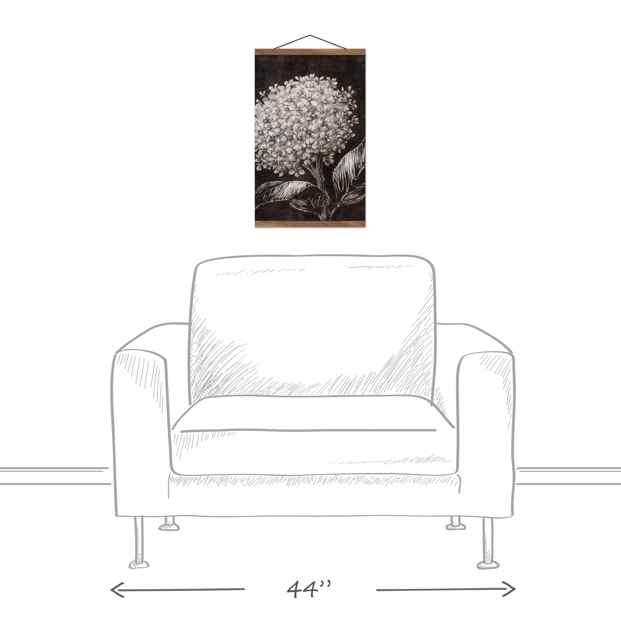 White Sketched Hydrangeas Teak Hanging Canvas