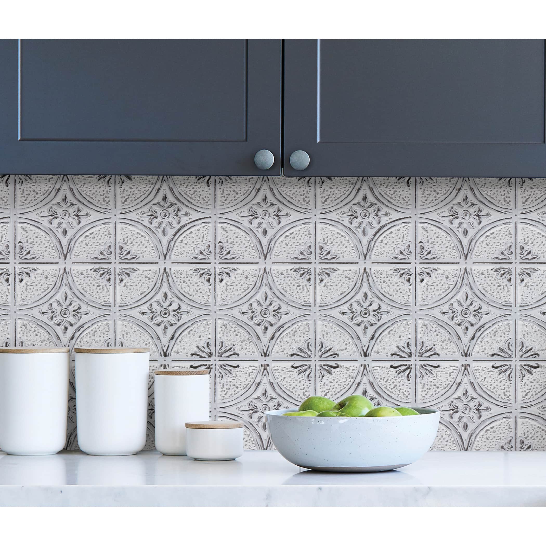 InHome Camden Antique White Faux Tin Peel & Stick Backsplash Tiles