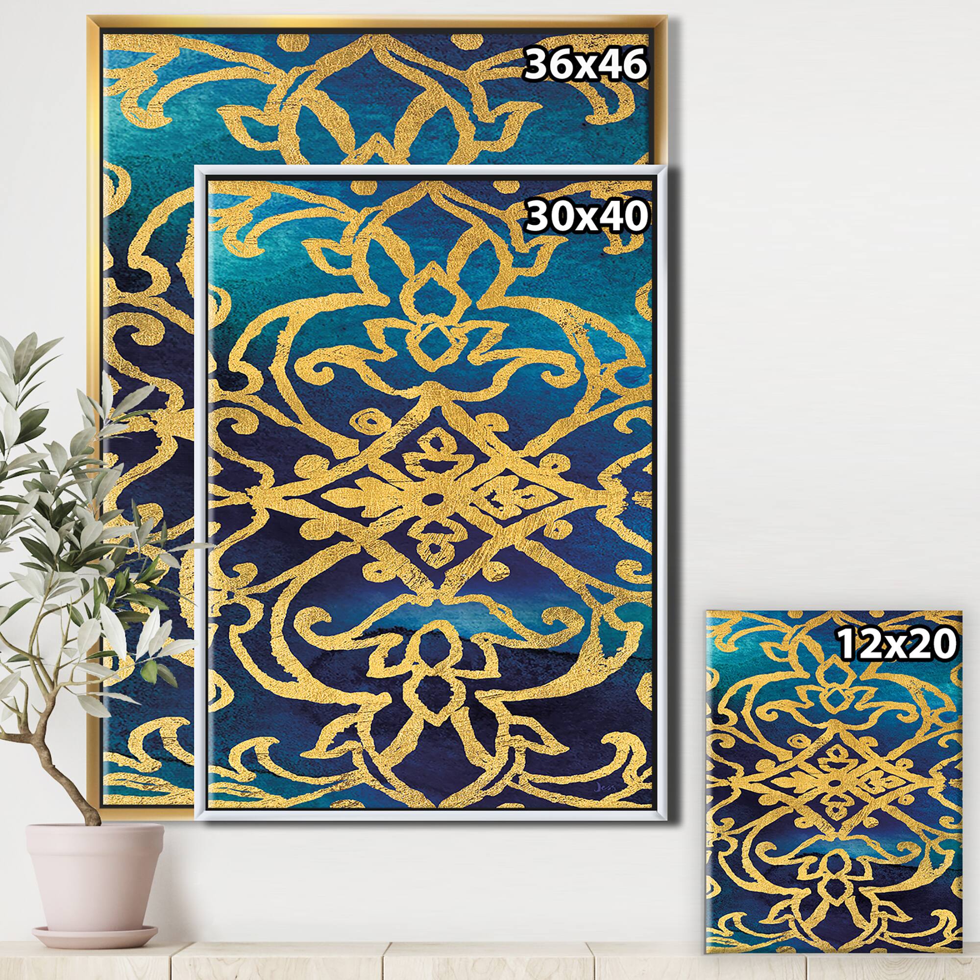 Designart - metallic Glam Indigo Form II - Transitional Canvas in Gold Frame