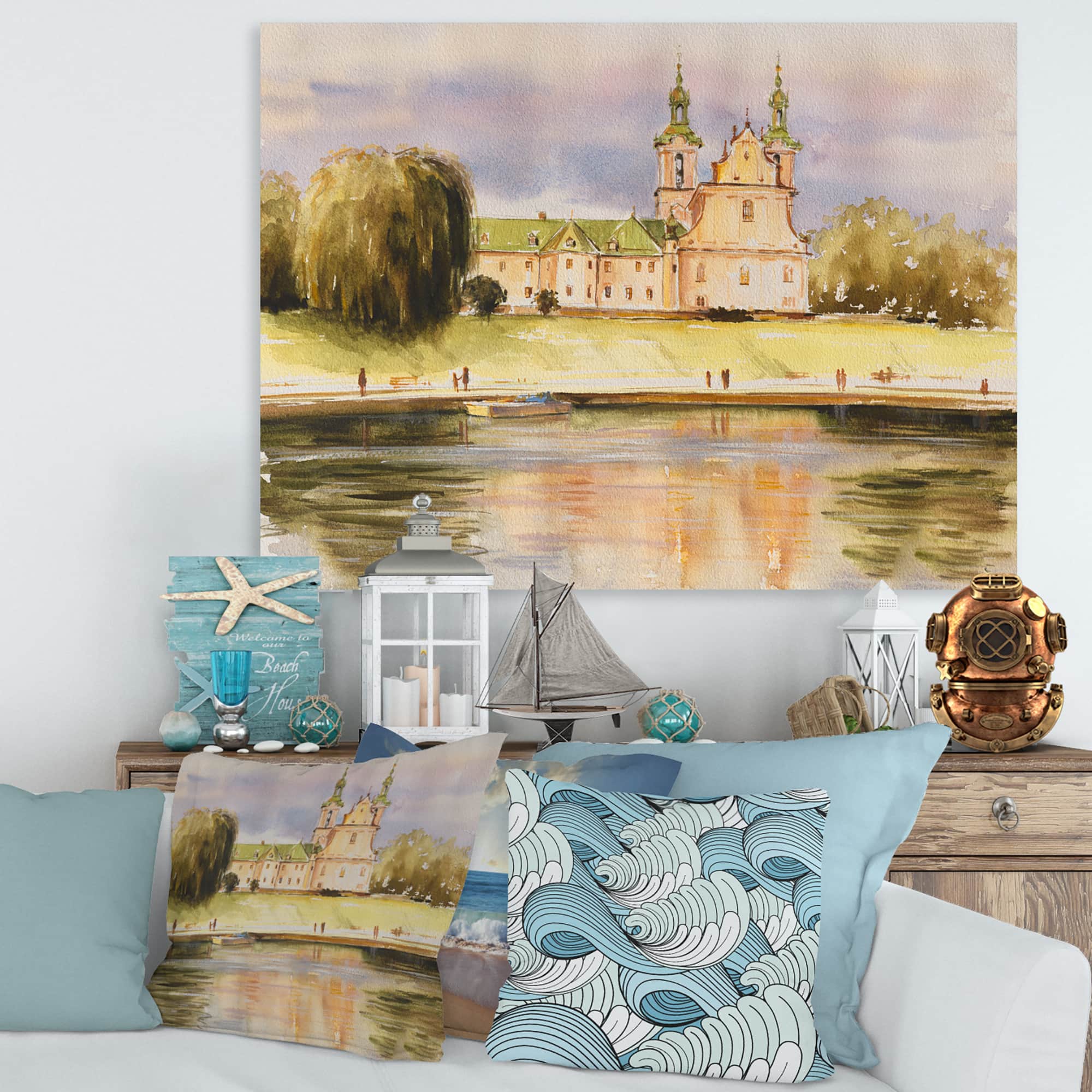Designart - Historic Church On The Rock On Banks of The River - Lake House Canvas Wall Art Print