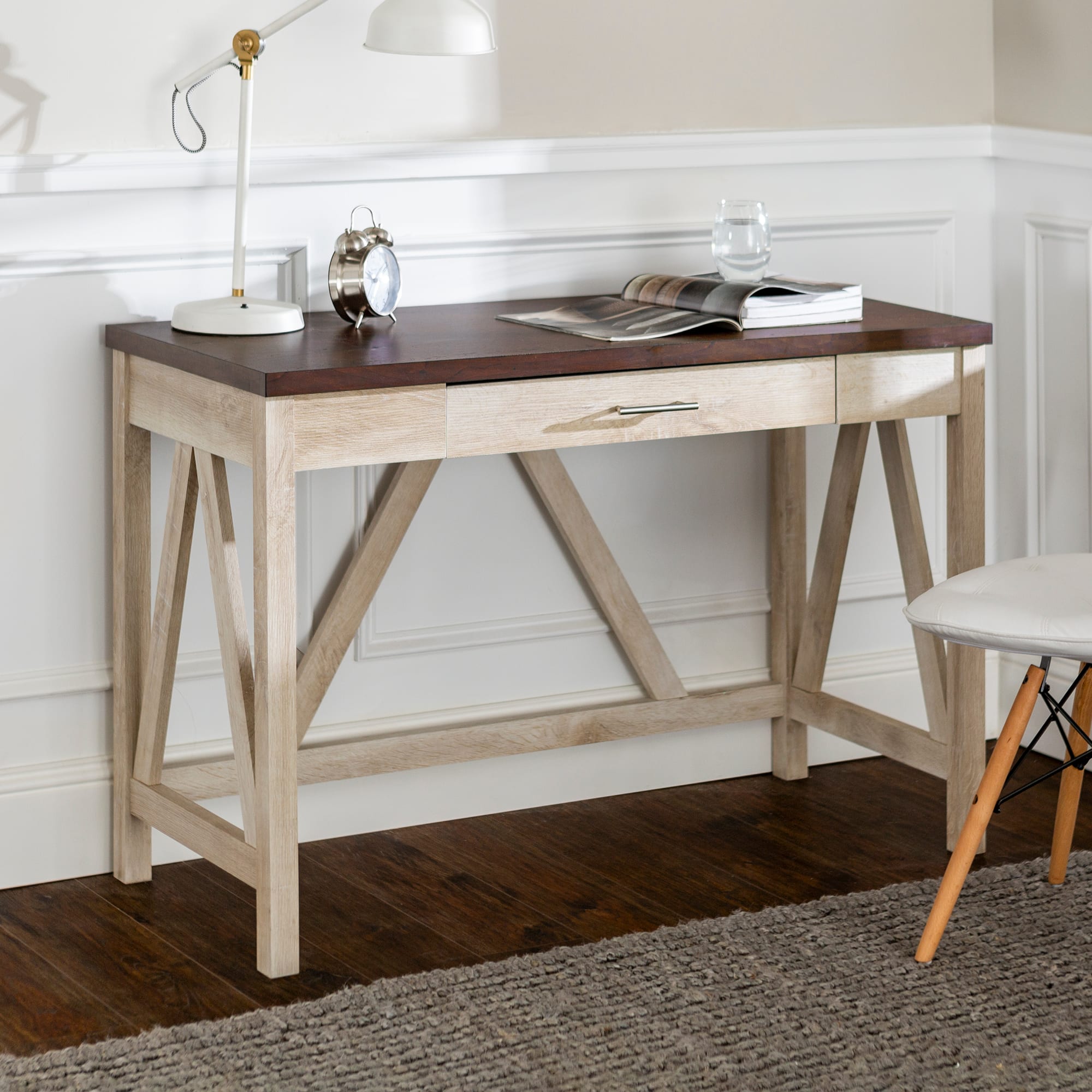 Walker Edison 46&#x22; White Oak/Traditional Brown A Frame Wood Computer Desk with Drawer
