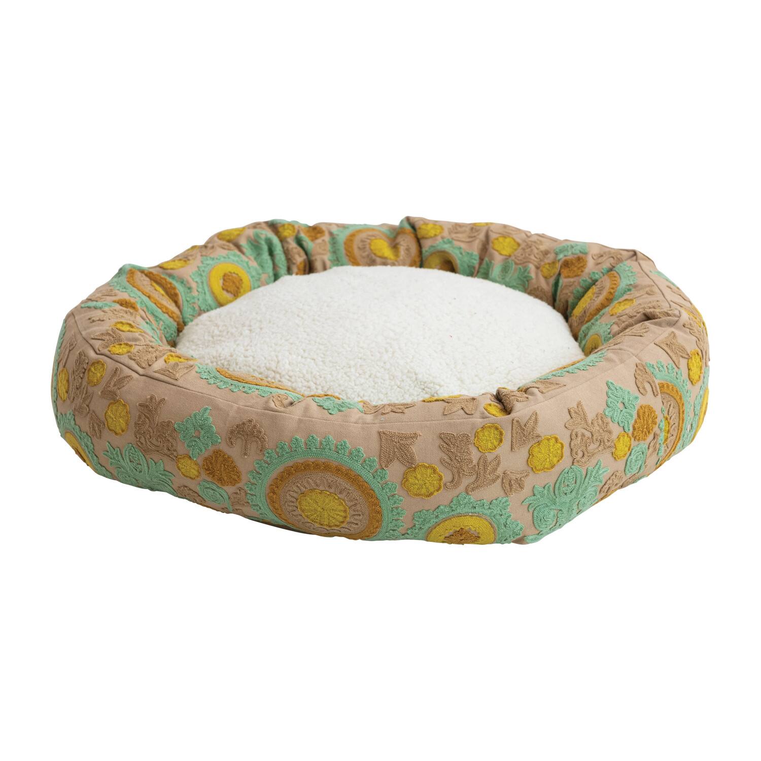 Hello Honey&#xAE; 24&#x22; Taupe, Green &#x26; Mint Round Floral Cotton &#x26; Sherpa Pet Bed