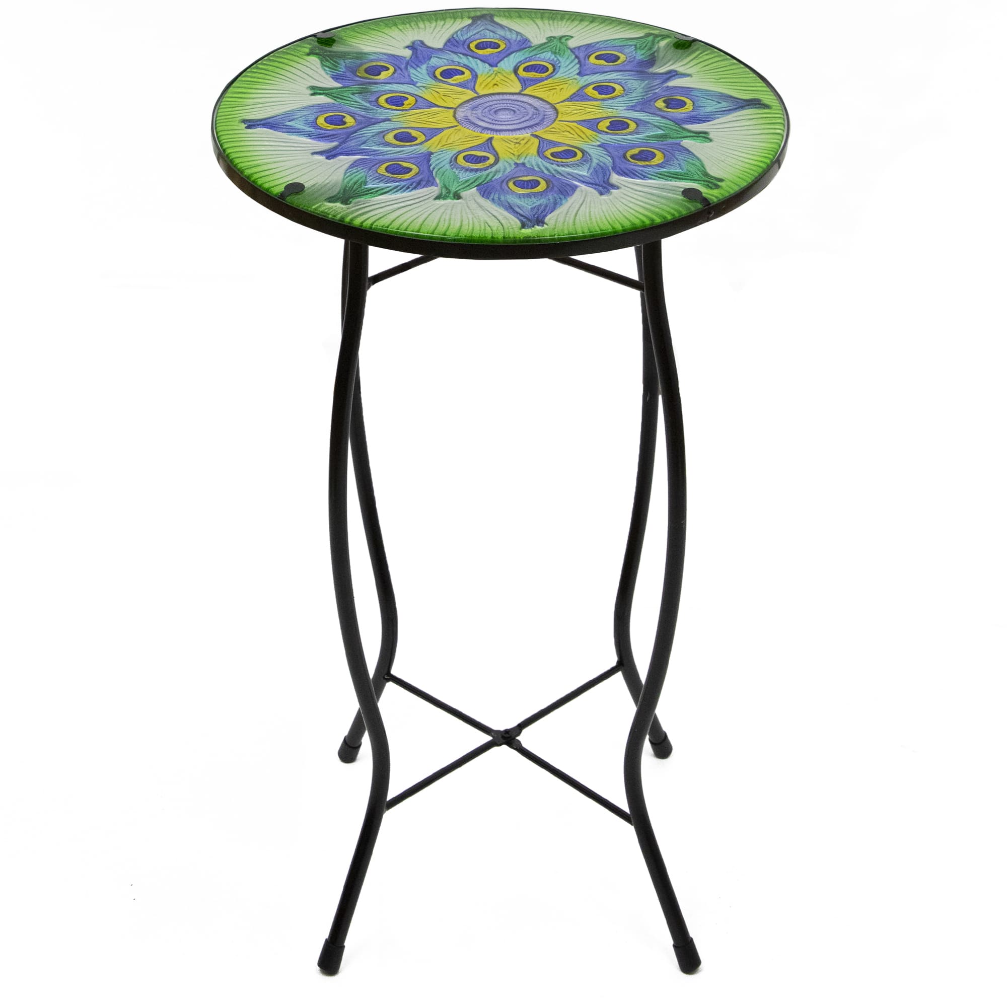 19&#x22; Green &#x26; Blue Peacock Flower Tail Glass Patio Side Table