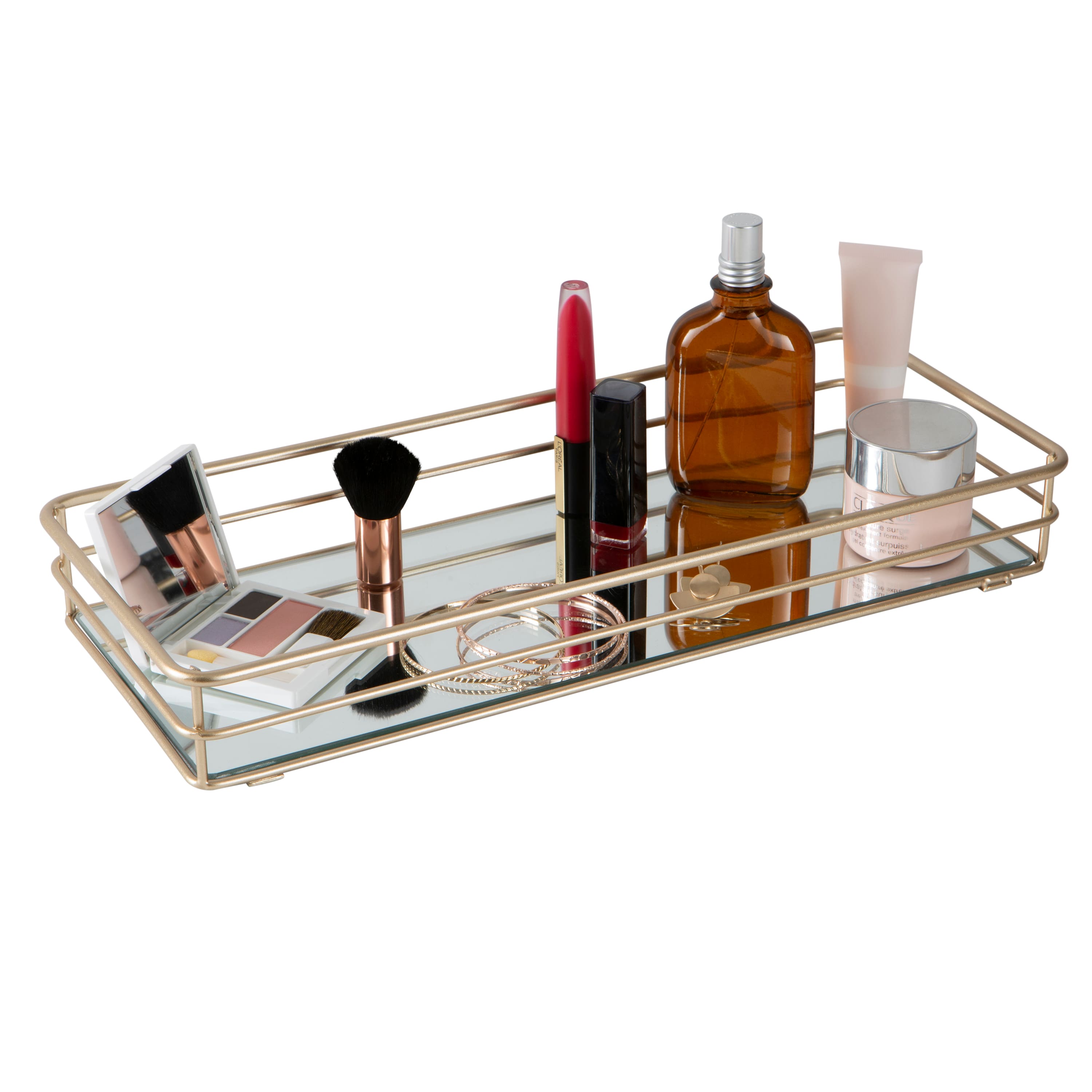 Elle D&#xE9;cor Satin Gold Mirrored Bottom Vanity Tray in Satin Gold