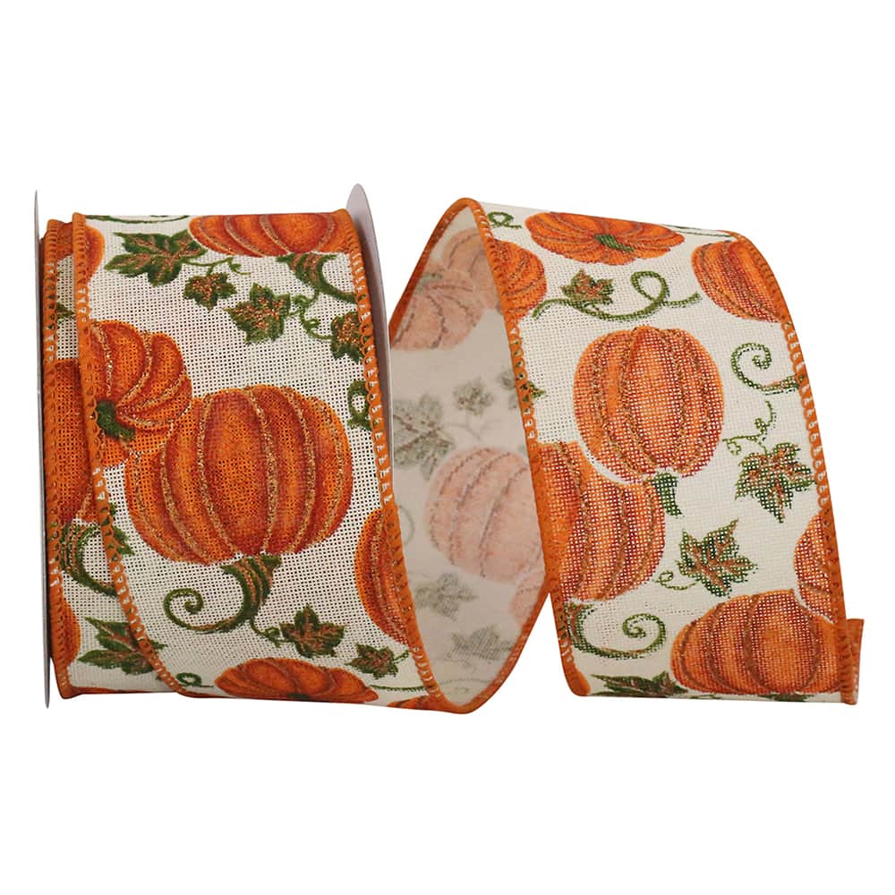 Reliant 2.5" x 10yd. Muslin Wired Leafy Pumpkin Sparkle Ribbon