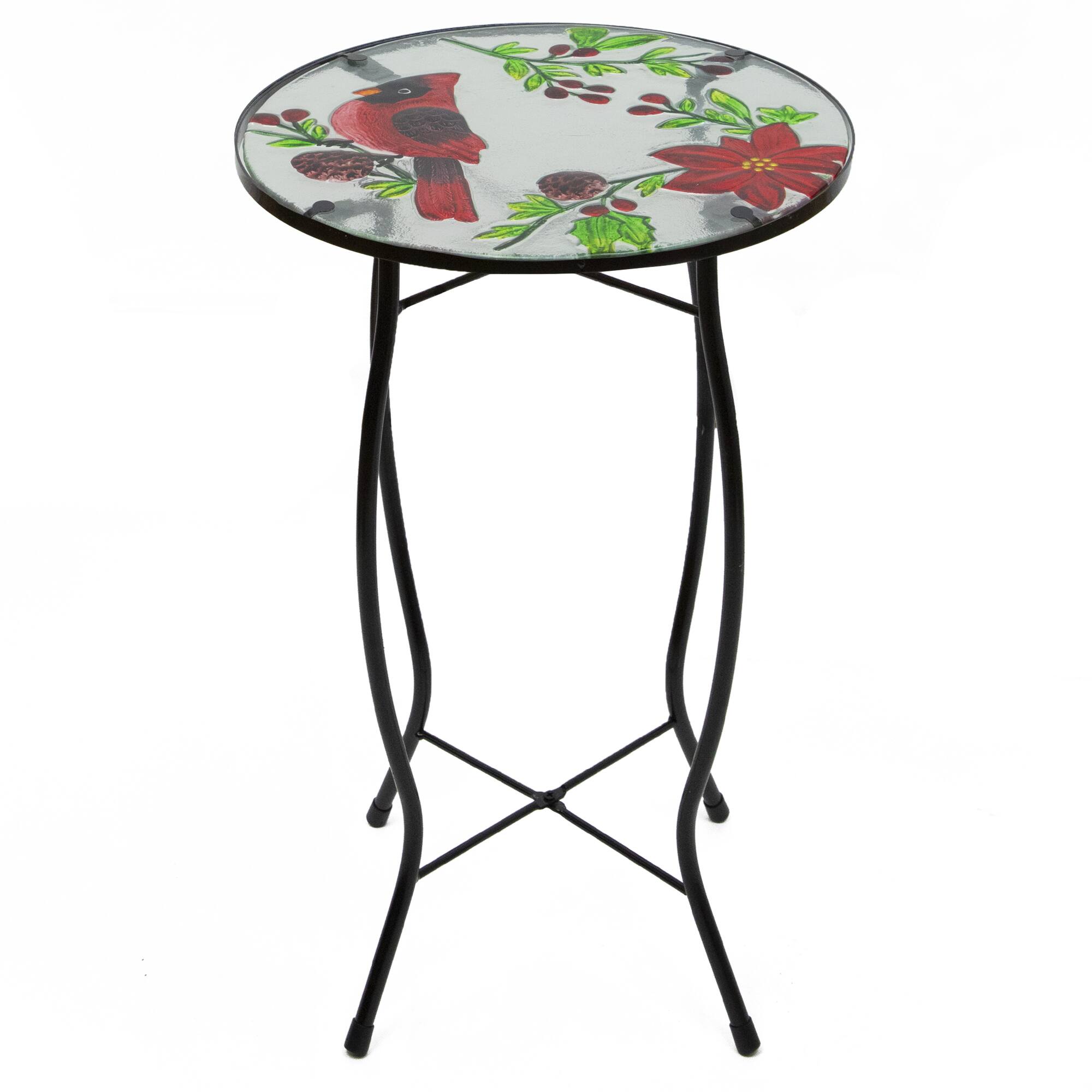 19&#x22; Red Cardinal &#x26; Pinecone Glass Patio Side Table