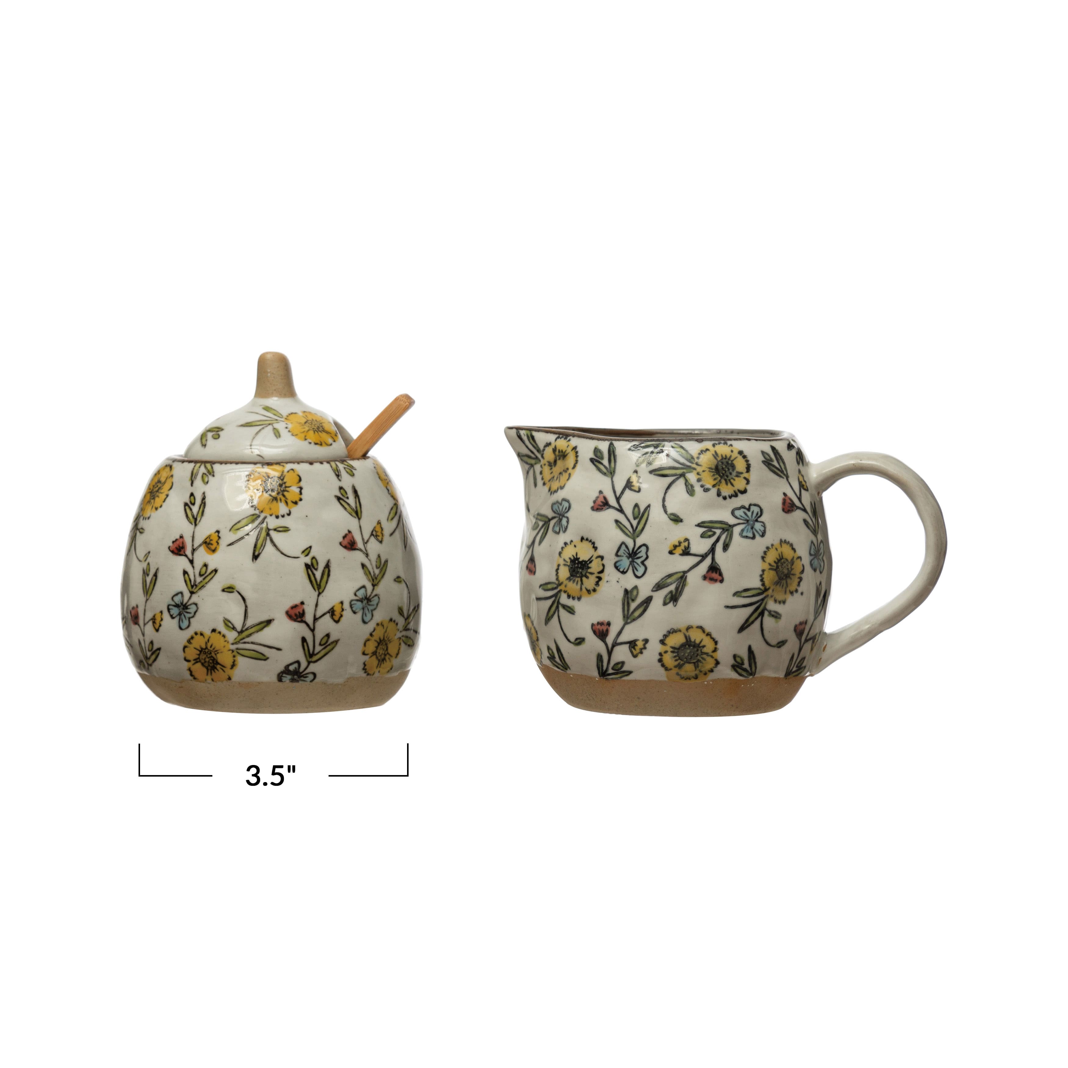 Hand Painted Floral Stoneware Sugar &#x26; Creamer Pot Set