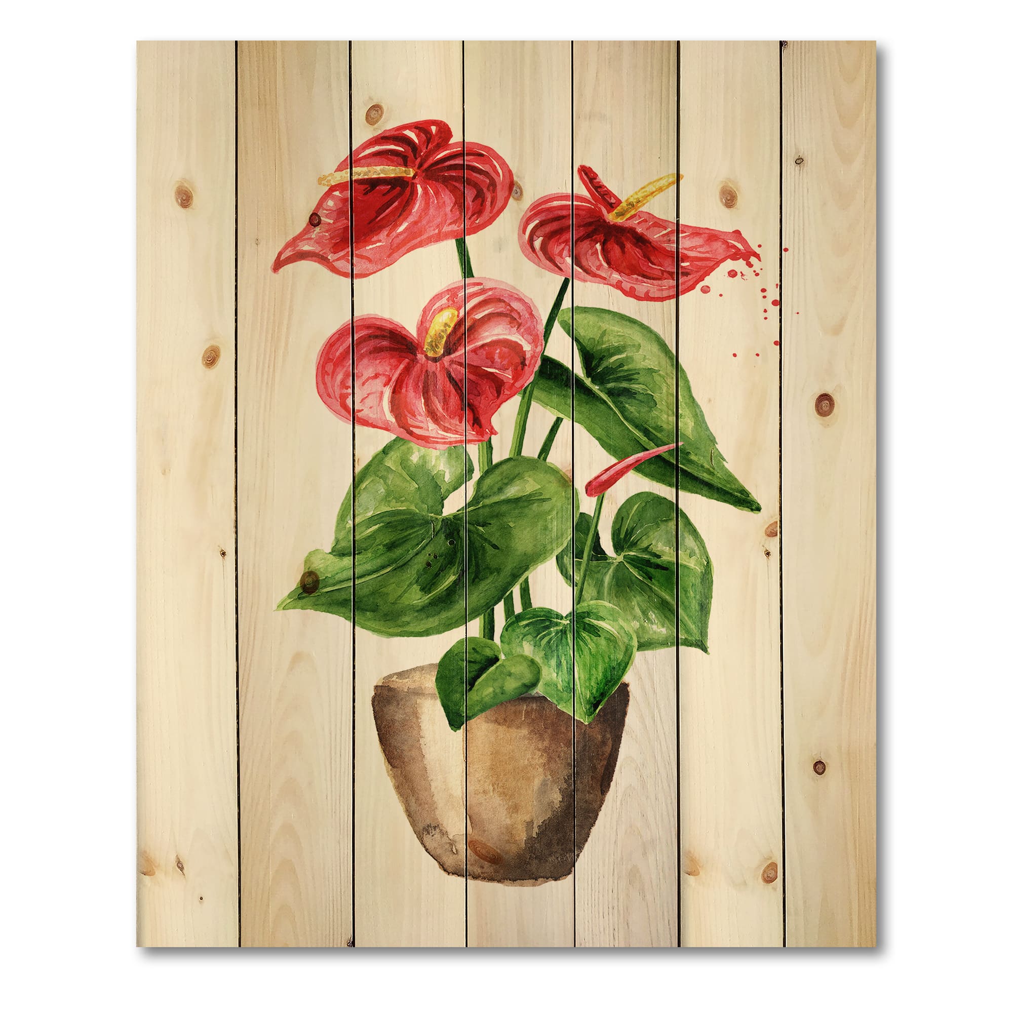 Designart - Anthurium Tailflower Or Flamingo Flower In The Pot - Traditional Print on Natural Pine Wood