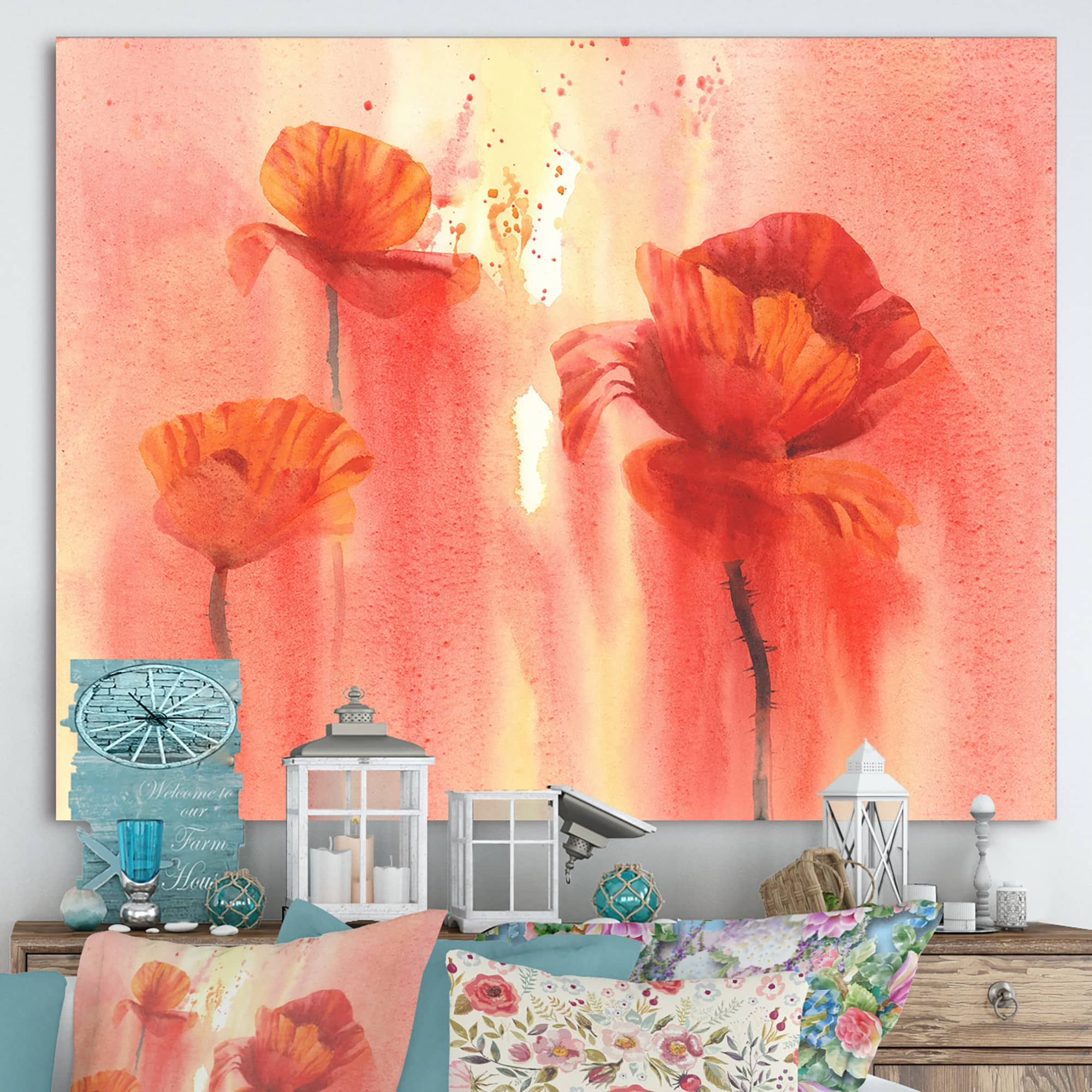 Designart - Poppy Flower Fields Forever II - Farmhouse Canvas Wall Art Print