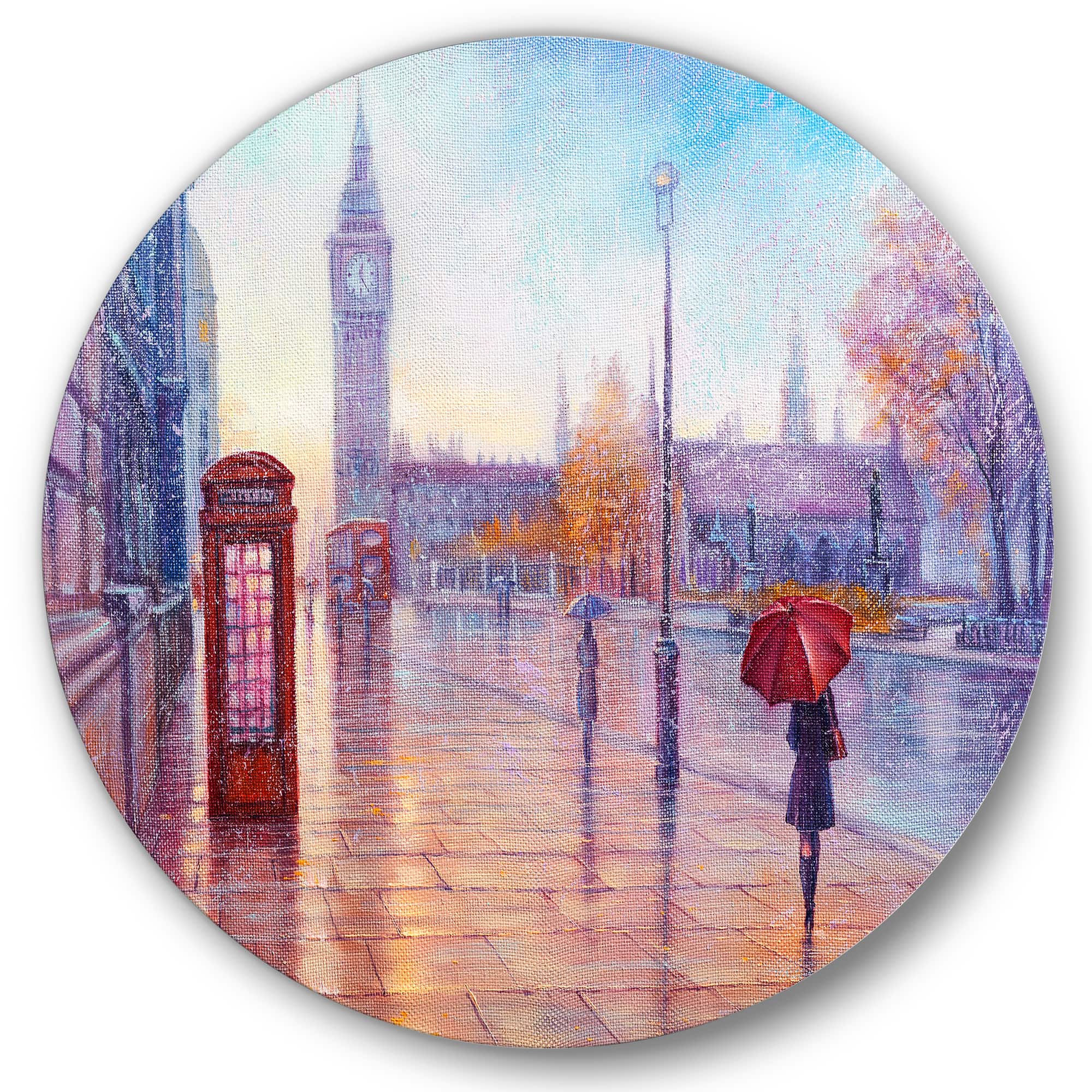 Designart - Big Ben and Woman With Red Umbrella In London - French Country Metal Circle Wall Art