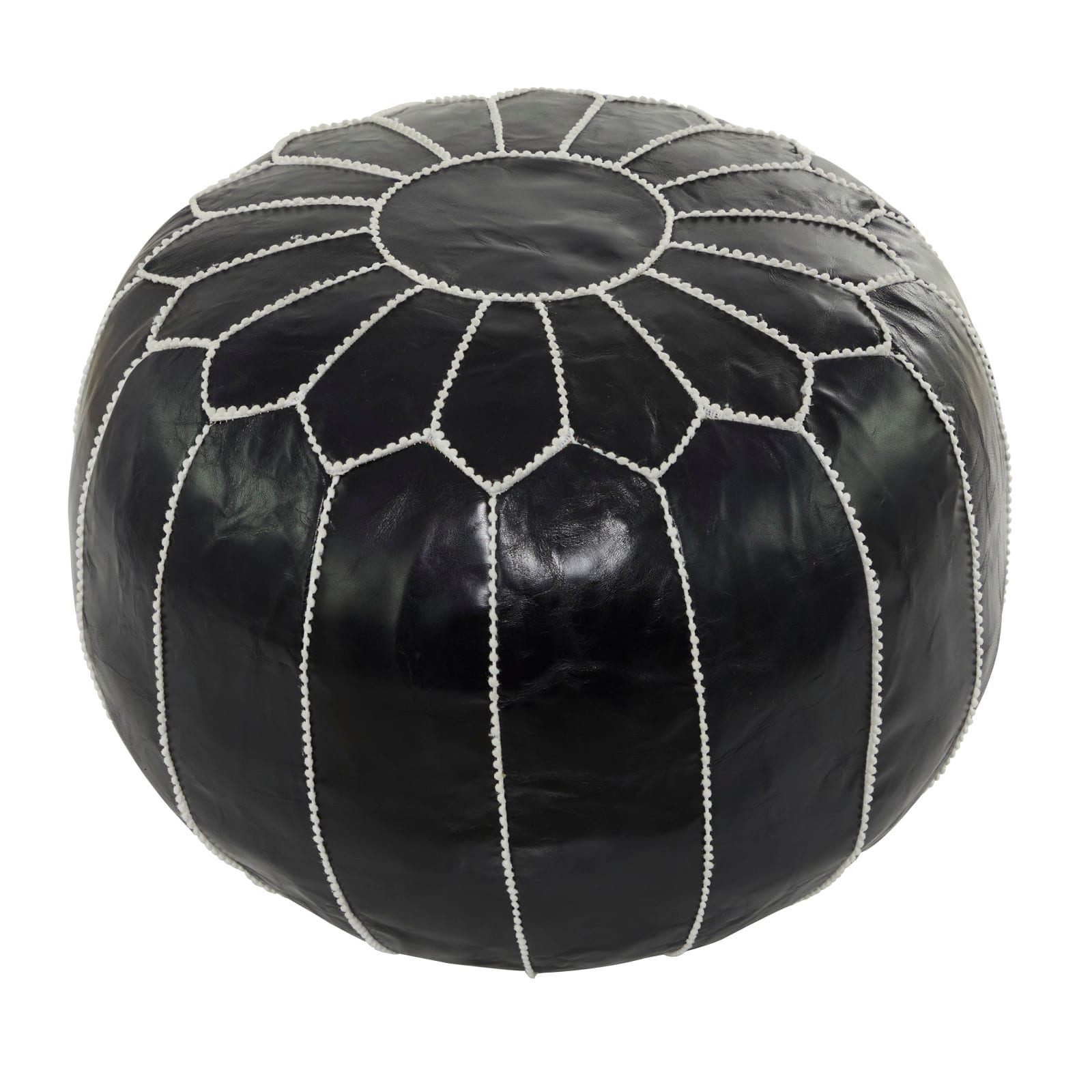 24&#x22; Black Leather Moroccan Floral Pouf with White Stitching