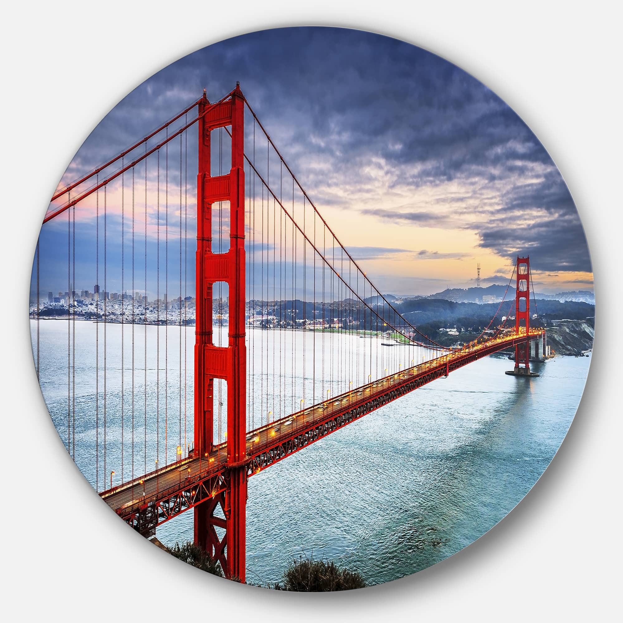 Designart - Golden Gate under Cloudy Sky' Ultra Glossy Sea Bridge Metal Circle Wall Art