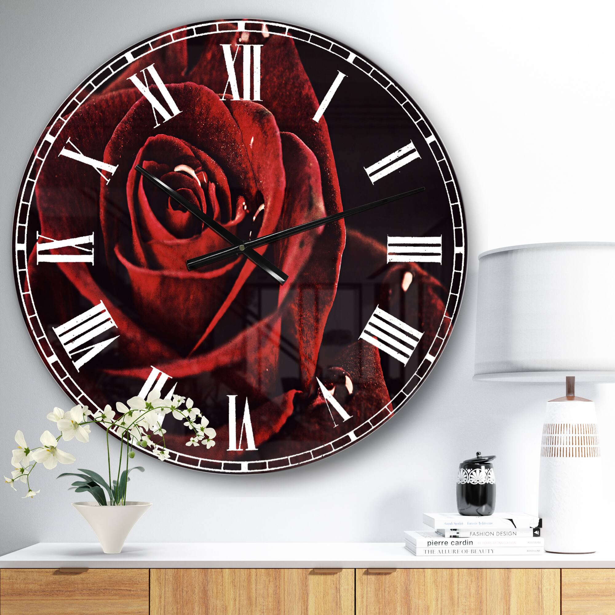 Designart 'Red Rose With Raindrops On Black Traditional Wall Clock