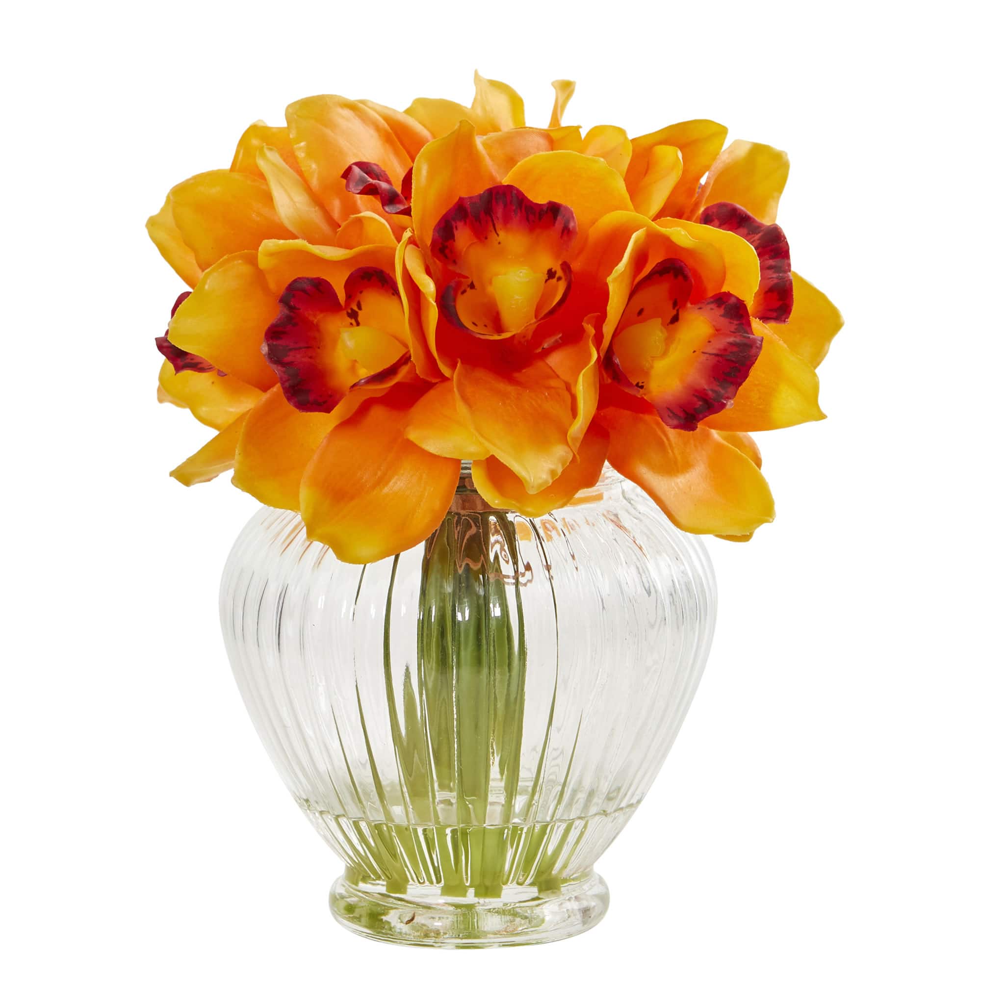 9&#x22; Boat Orange Orchid Arrangement in Glass Vase