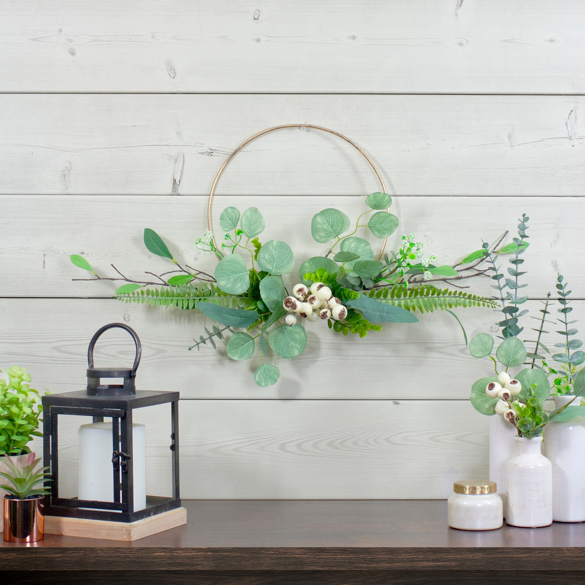 30&#x22; Green &#x26; Gold Eucalyptus Leaf &#x26; Fern Golden Ring Wreath