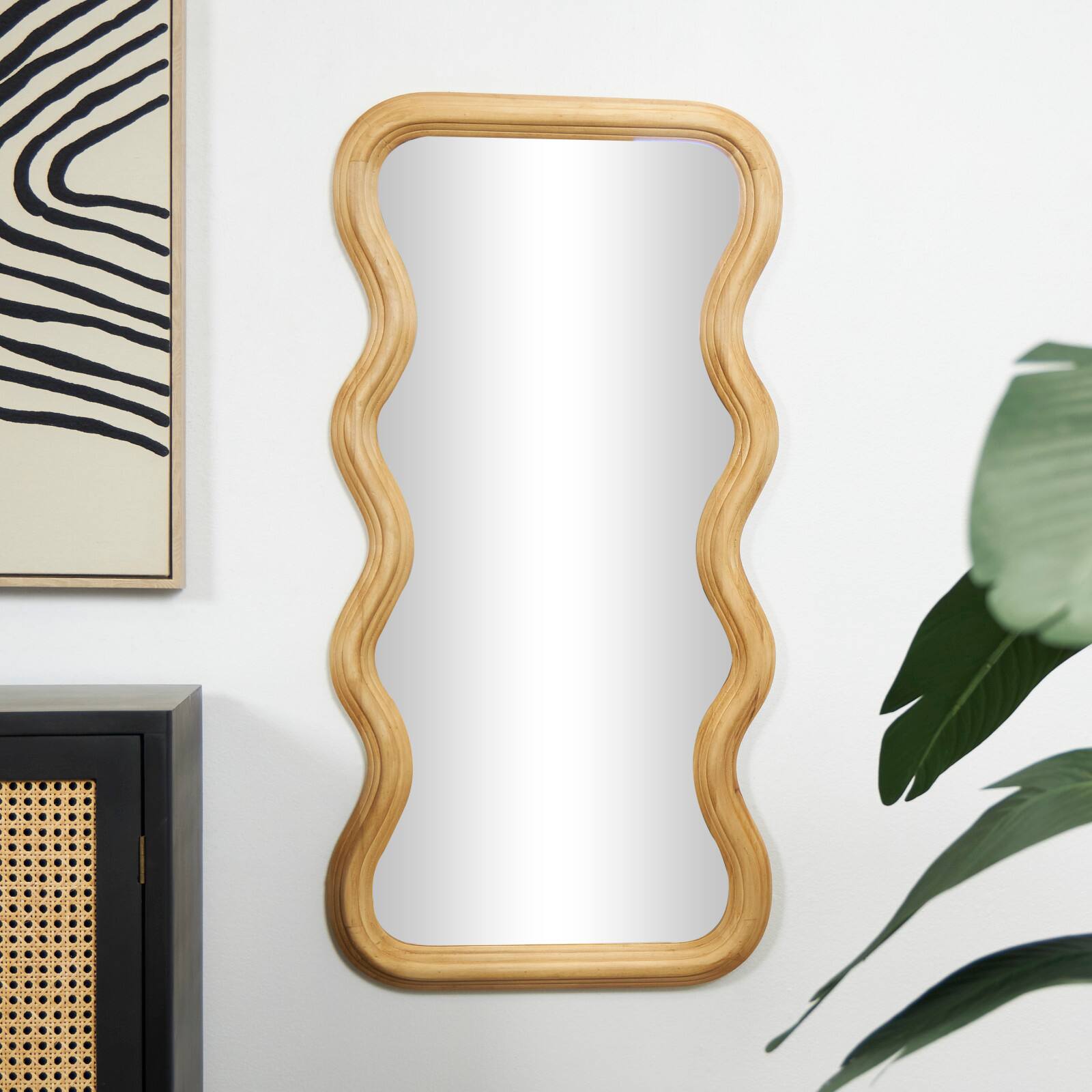 Brown Wood Wavy Wall Mirror with Dimensional Carved Frame