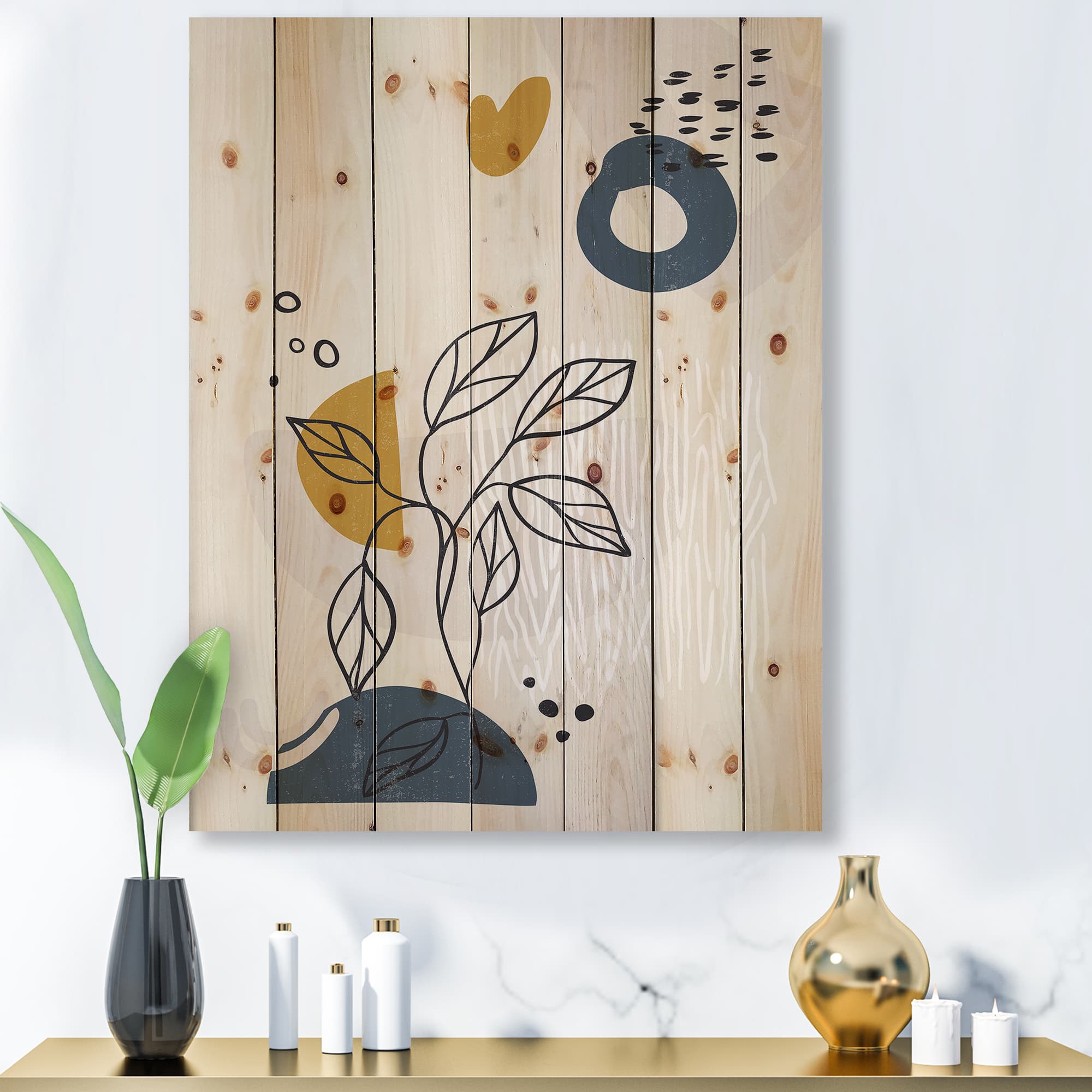 Designart - Vintage Boho Minimalistic Flowers II - Modern Print on Natural Pine Wood