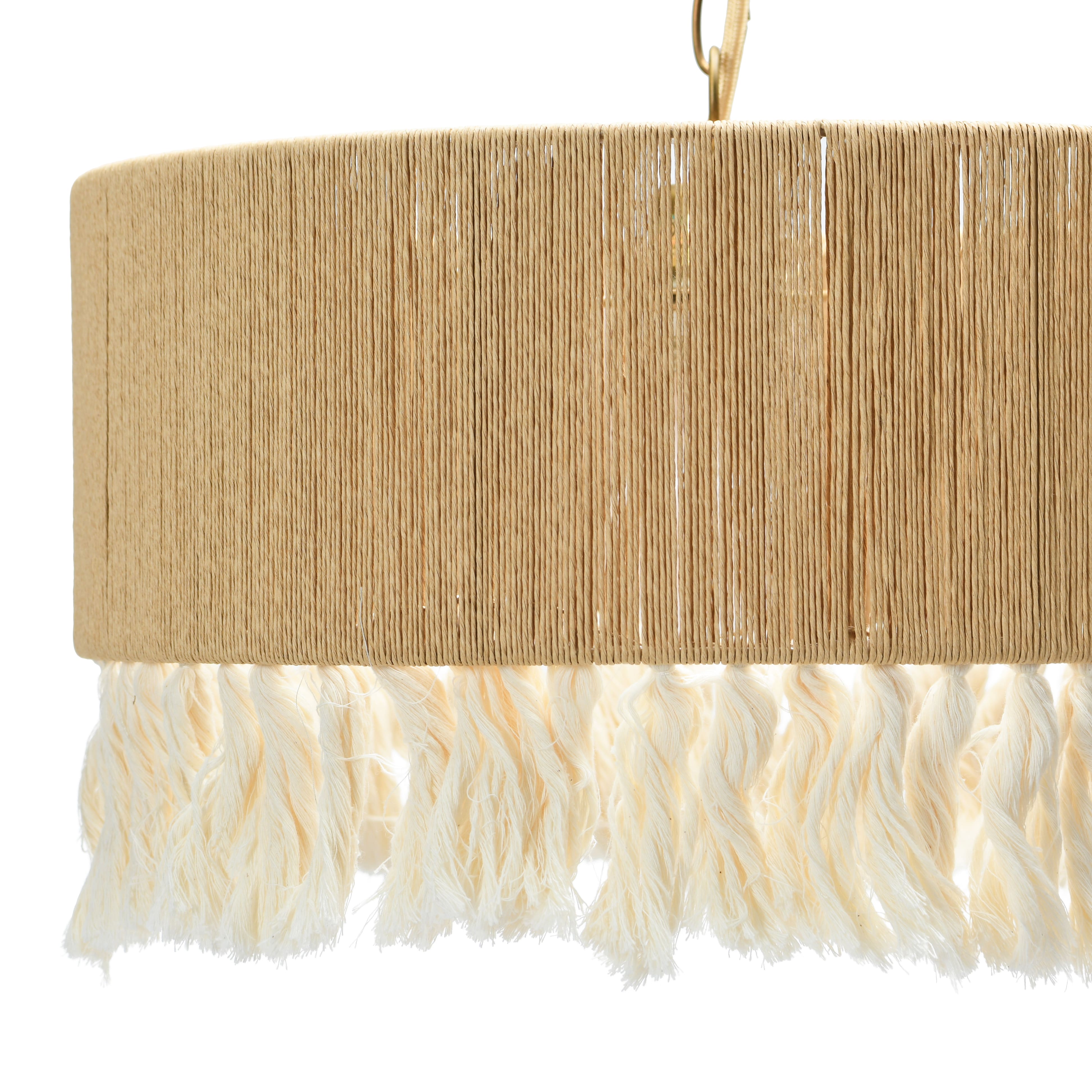 Hello Honey® 16" Brown Coastal Pendant Lamp with Natural Paper Rope Shade, Fringe Detail and Iron Base