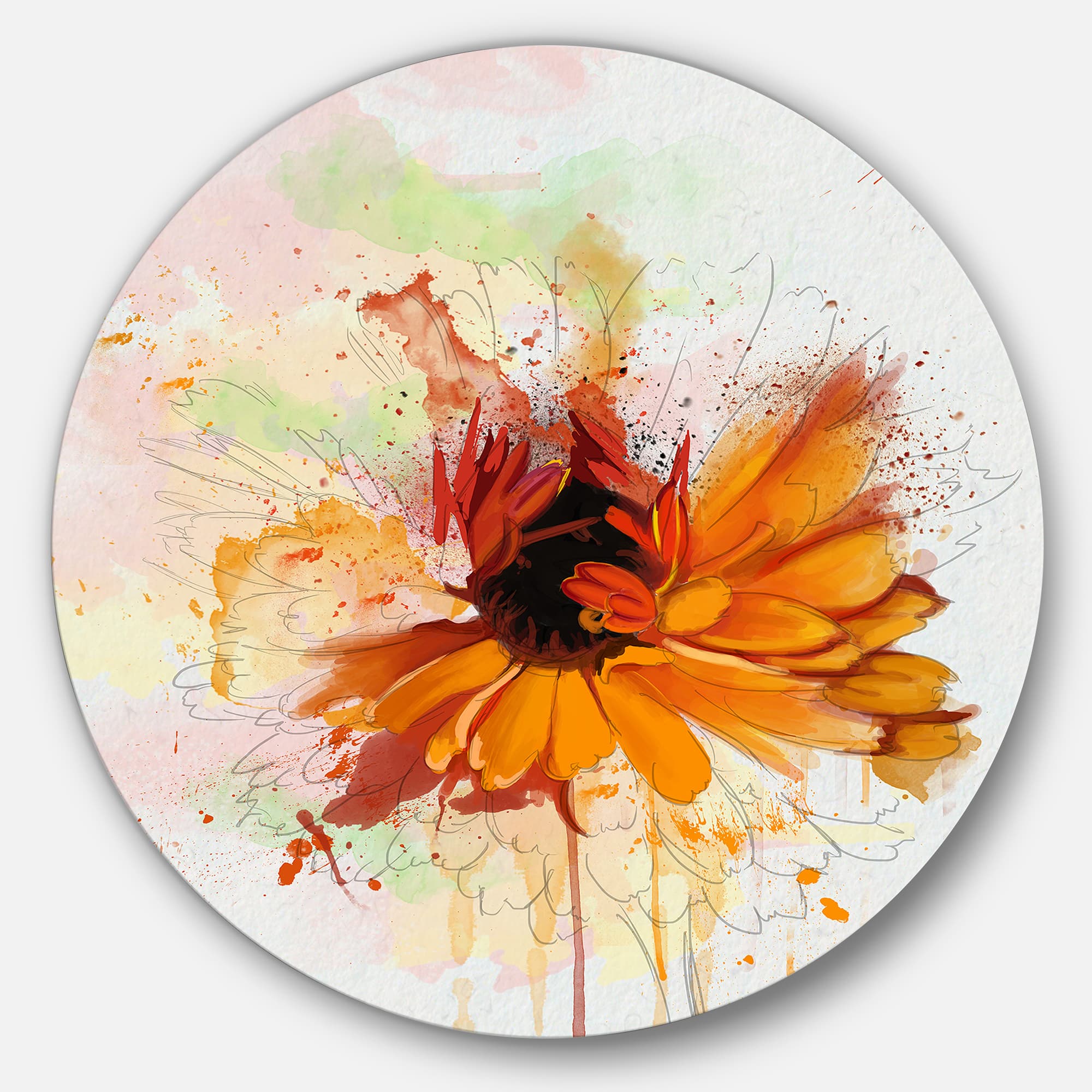 Designart - Sunflower Drawing with Paint Splashes&#x27; Floral Metal Round Wall Decor