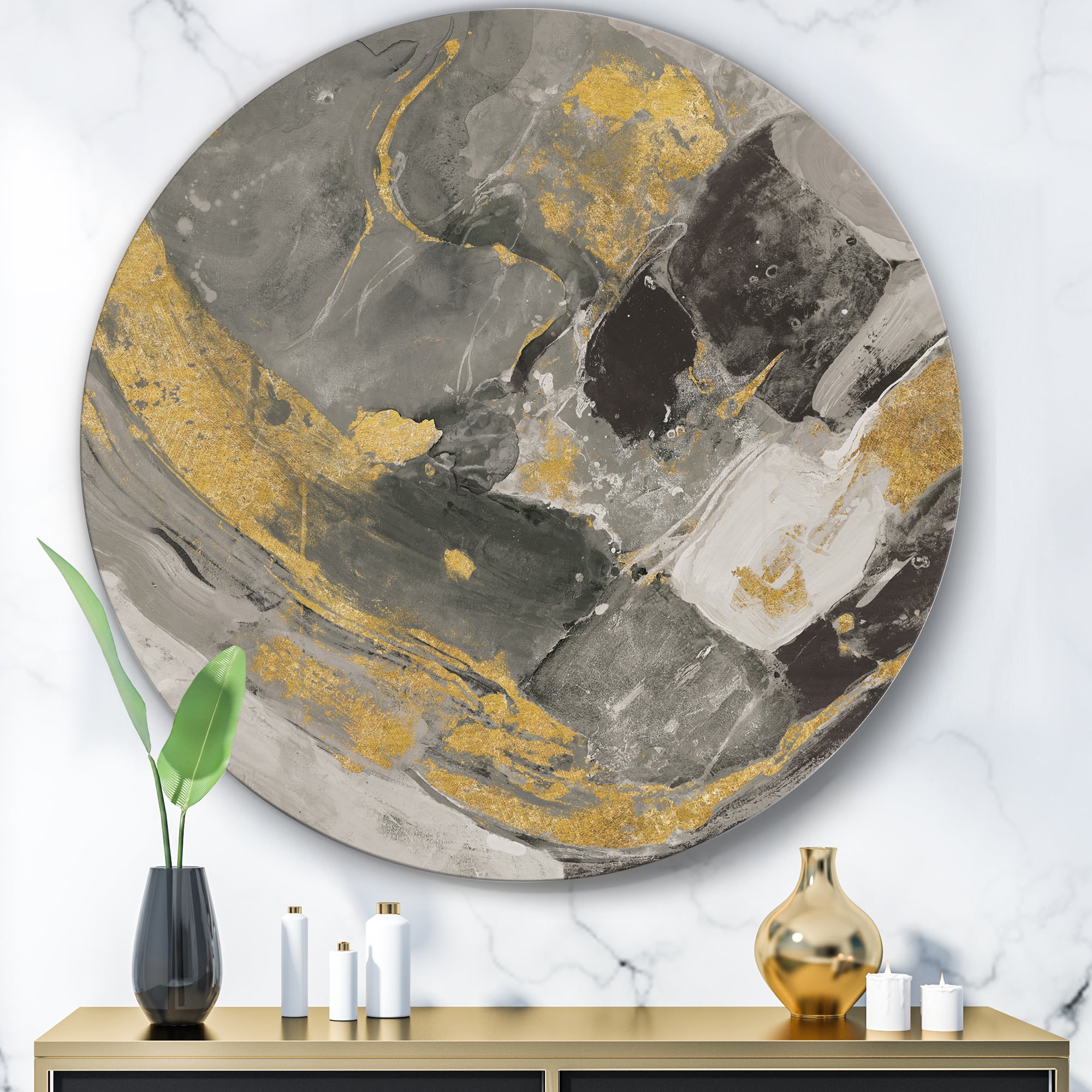 Designart - Marble Gold and Black II - Glam Metal Circle Wall Art