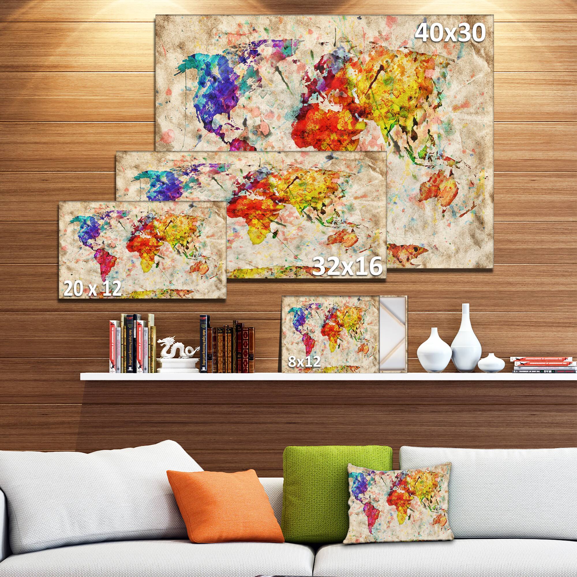 Designart - Vintage World Map Watercolor - Large Map Canvas Art Print