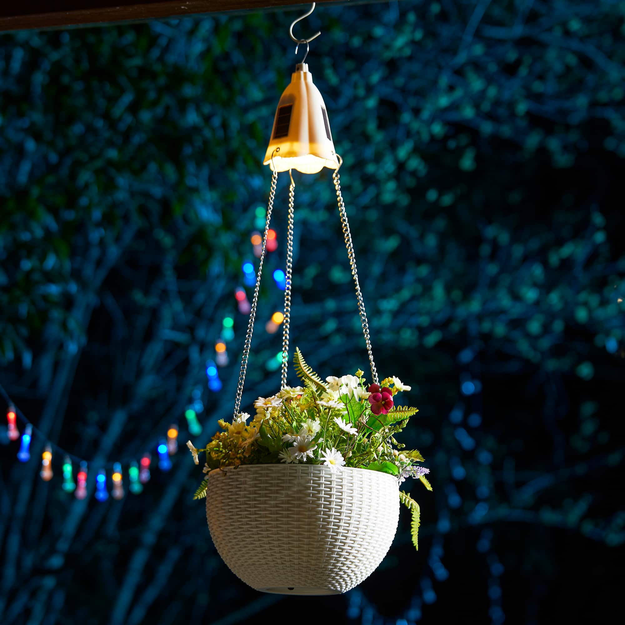 Glitzhome® 30" White Solar Lighted Hanging Plastic Basket Planters, 2ct.