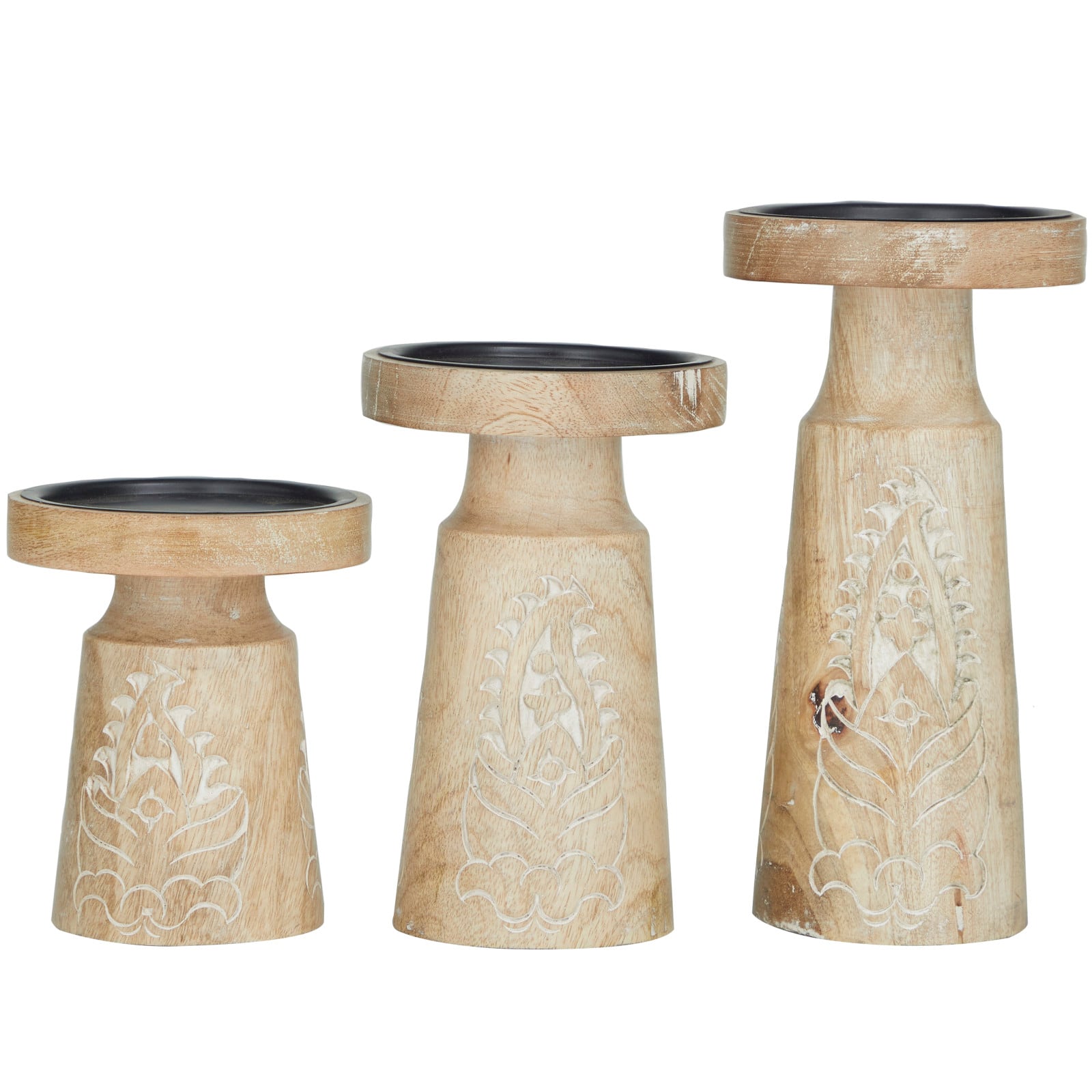 Mango Wood Round Carved Pillar Floral Candle Holder Set