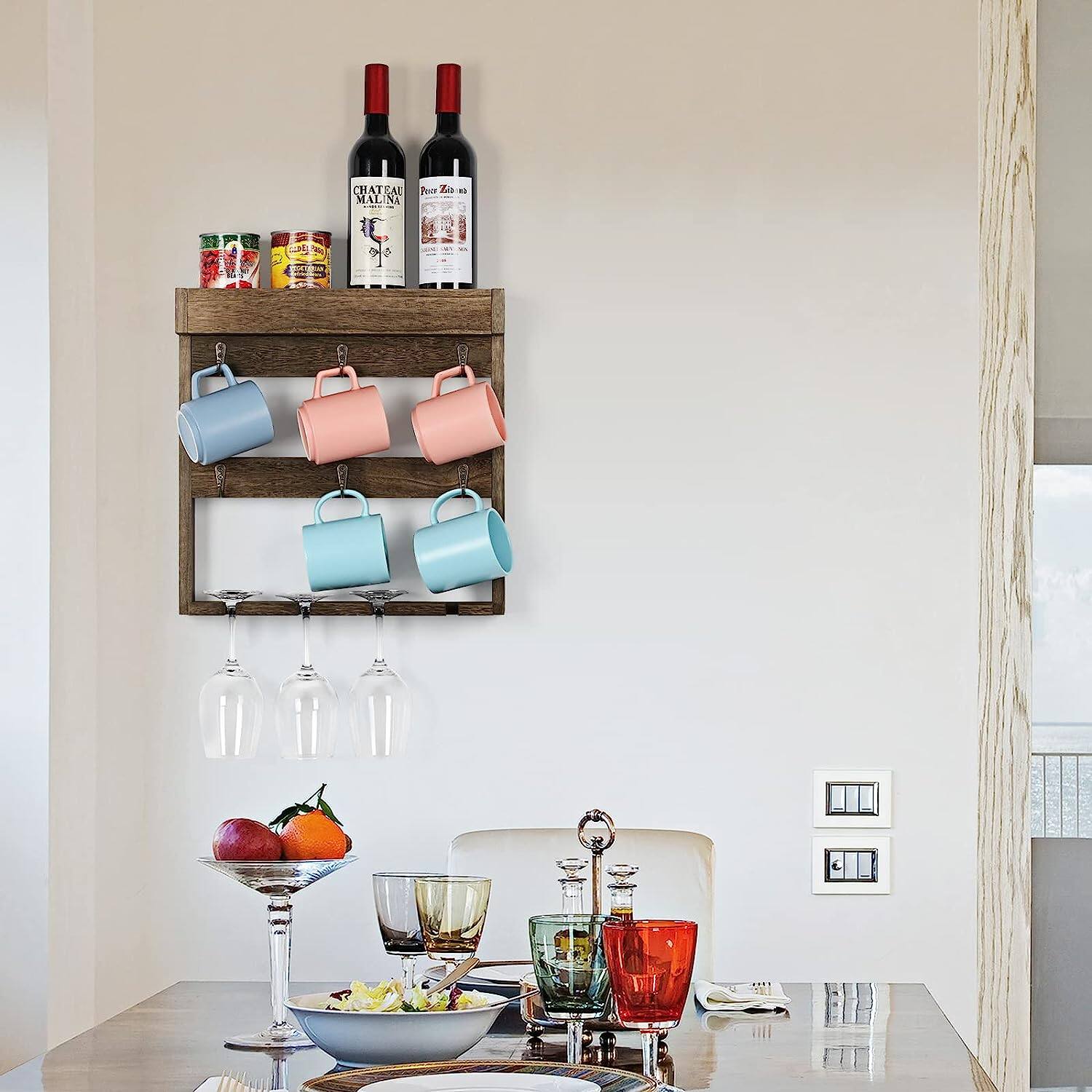 NEX™ 16" Rustic Brown Wood Wall-Mounted Coffee Mug Rack