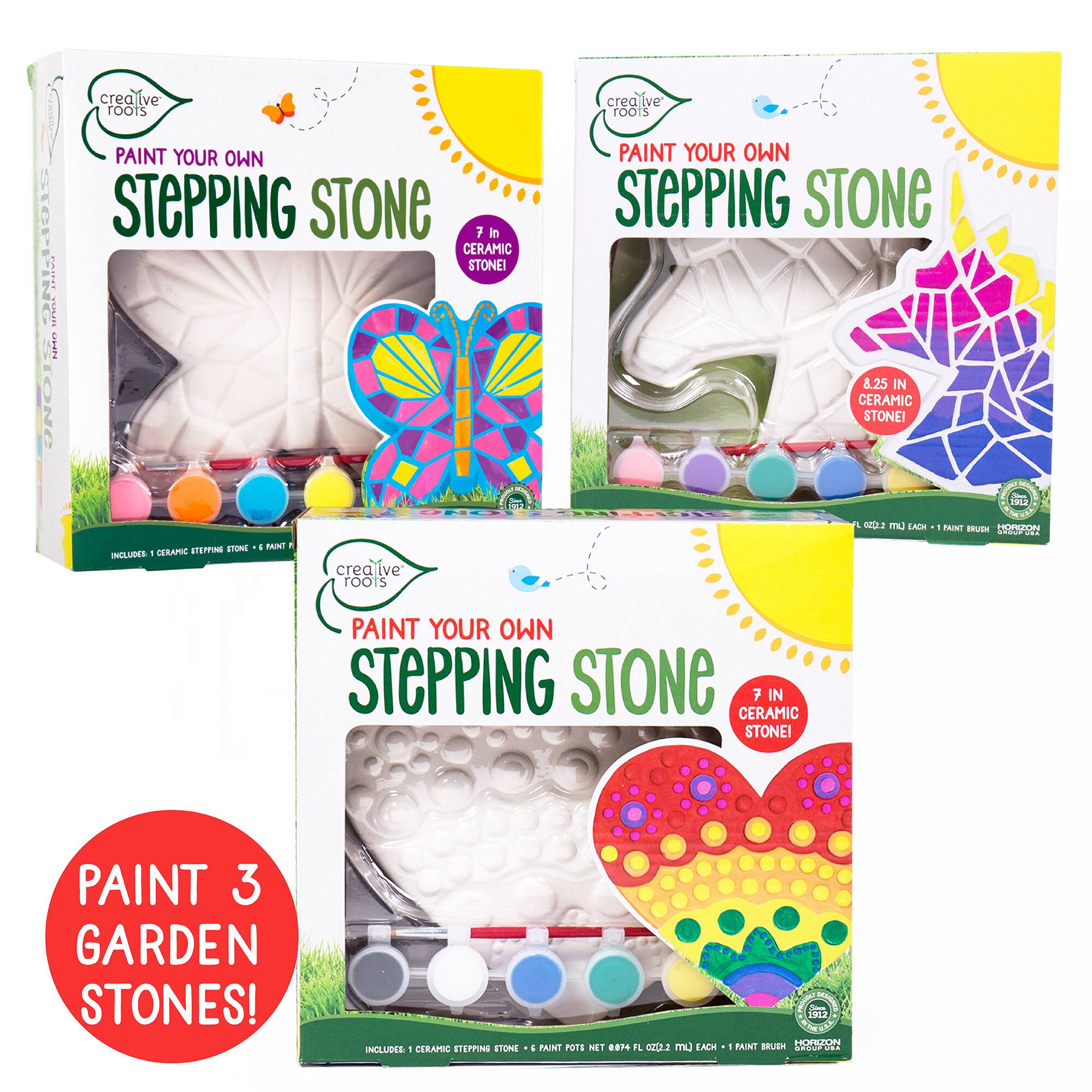 Creative Roots® Paint Your Own Stepping Stones Multipack with Butterfly, Unicorn & Heart Stepping Stones