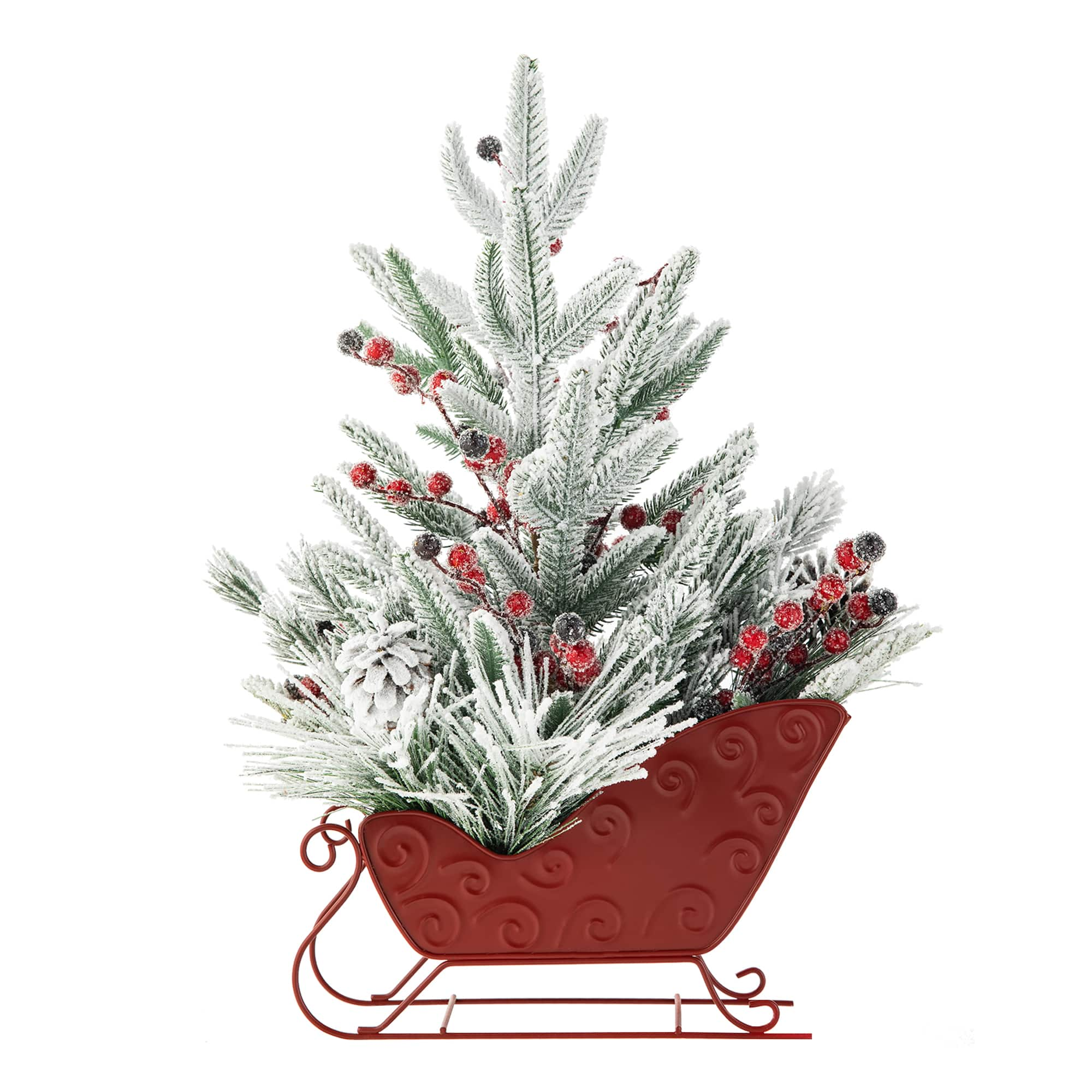 Glitzhome&#xAE; 21&#x22; Christmas Red Sleigh Frosted Floral Centerpiece