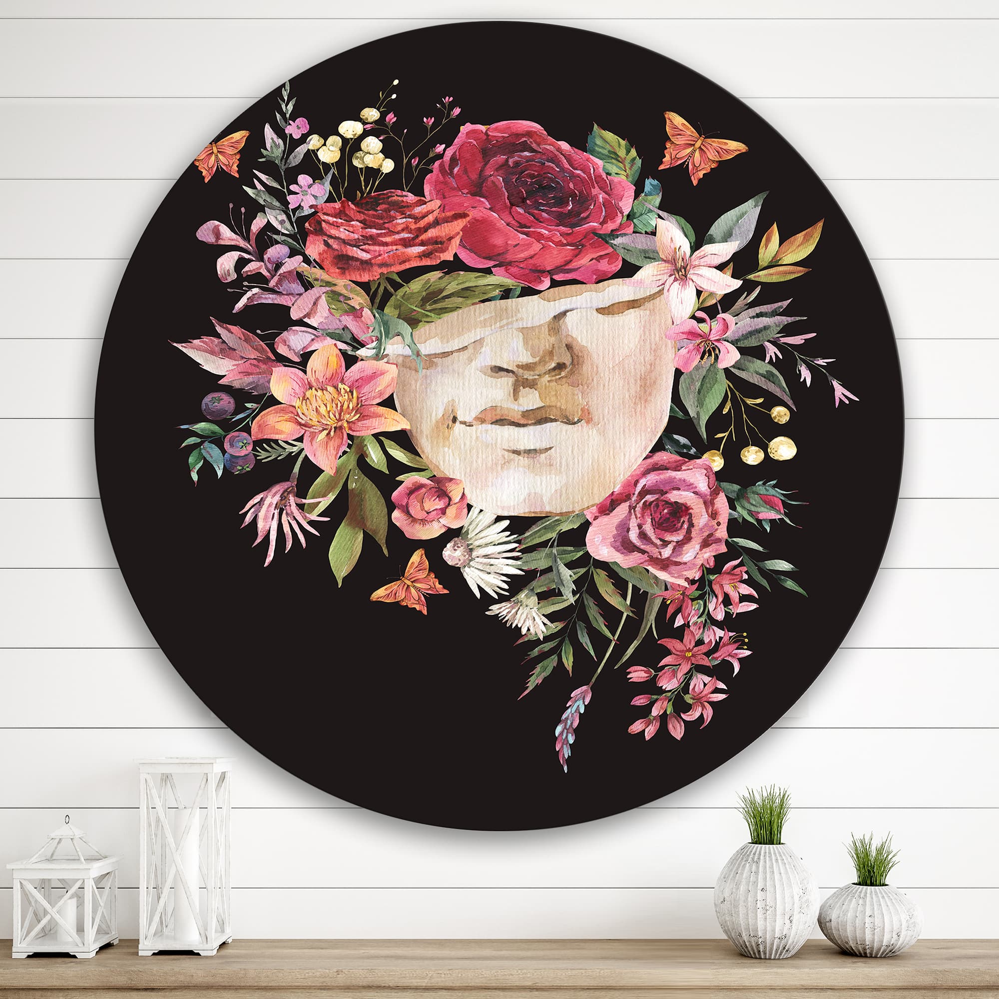 Designart - Vintage Greek Sculpture Detail With Dry Flowers - Traditional Metal Circle Wall Art