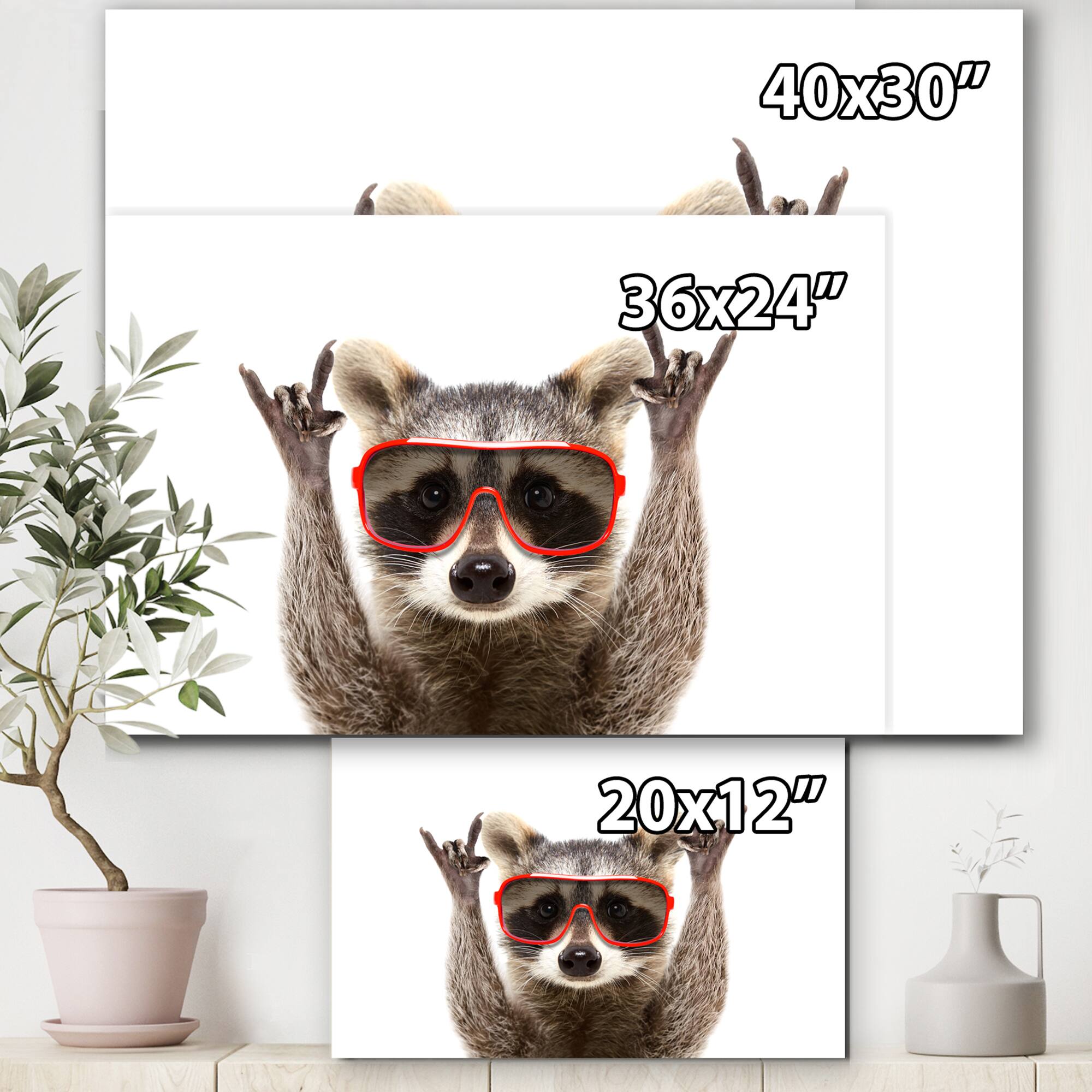 Designart - Raccoon With Red Sunglasses - Animals Canvas Wall Art Print