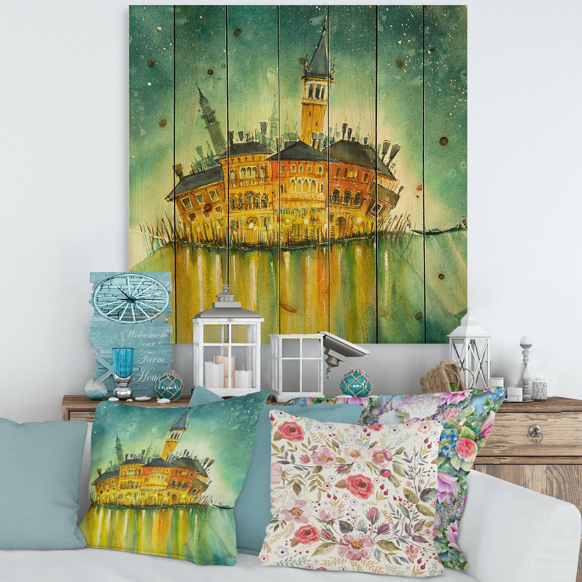 Designart - Idyllic Island of Venice At Night - Modern Print on Natural Pine Wood