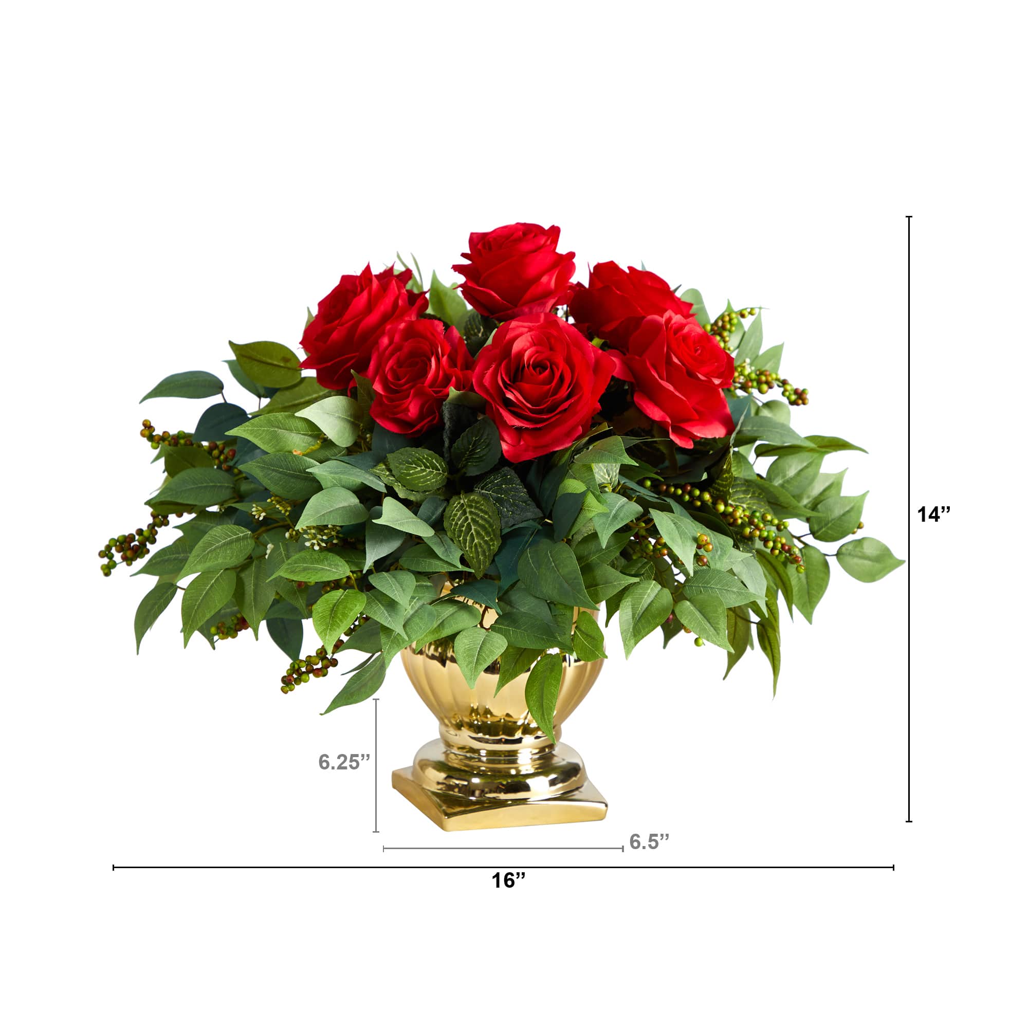 14&#x22; Red Rose Floral Arrangement in Gold Urn 