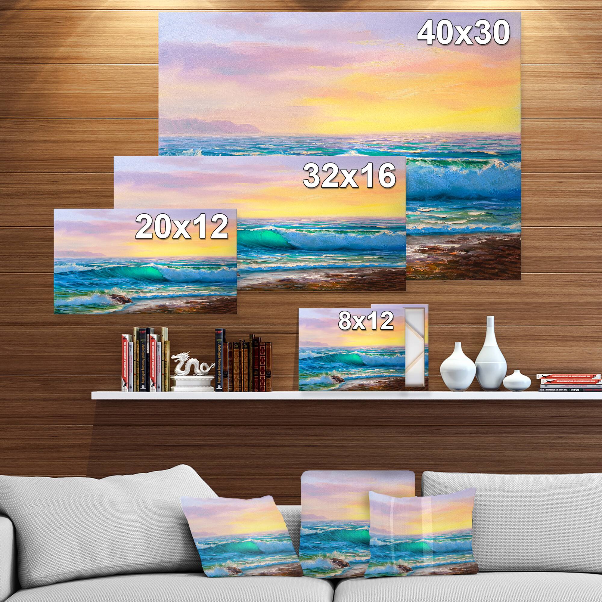 Designart - Sunsets over ocean waves - Sea &#x26; Shore Painting Print on Wrapped Canvas