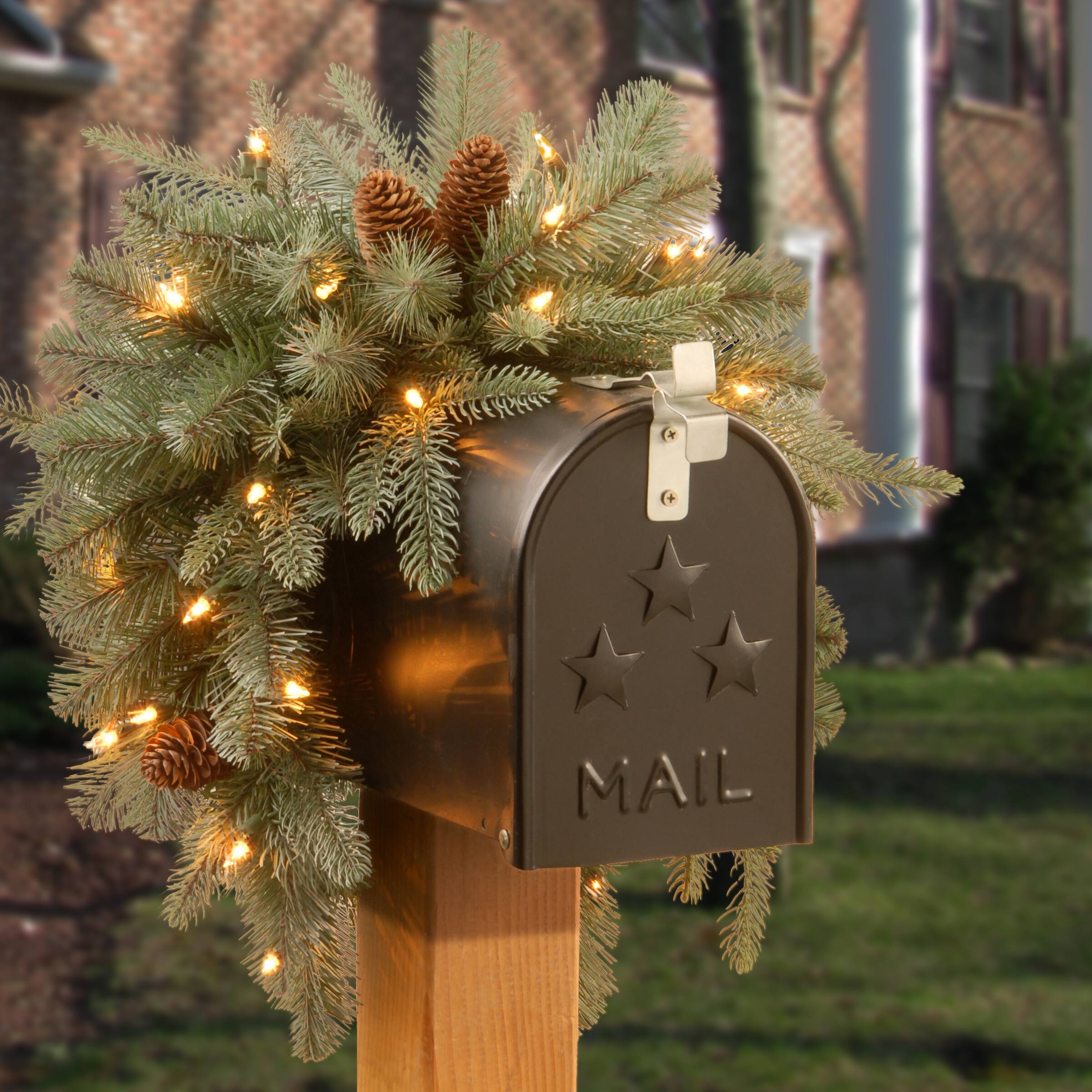 3ft. Feel Real&#xAE; Frosted Arctic Spruce with Pinecone Mailbox Swag, Warm White LED Lights