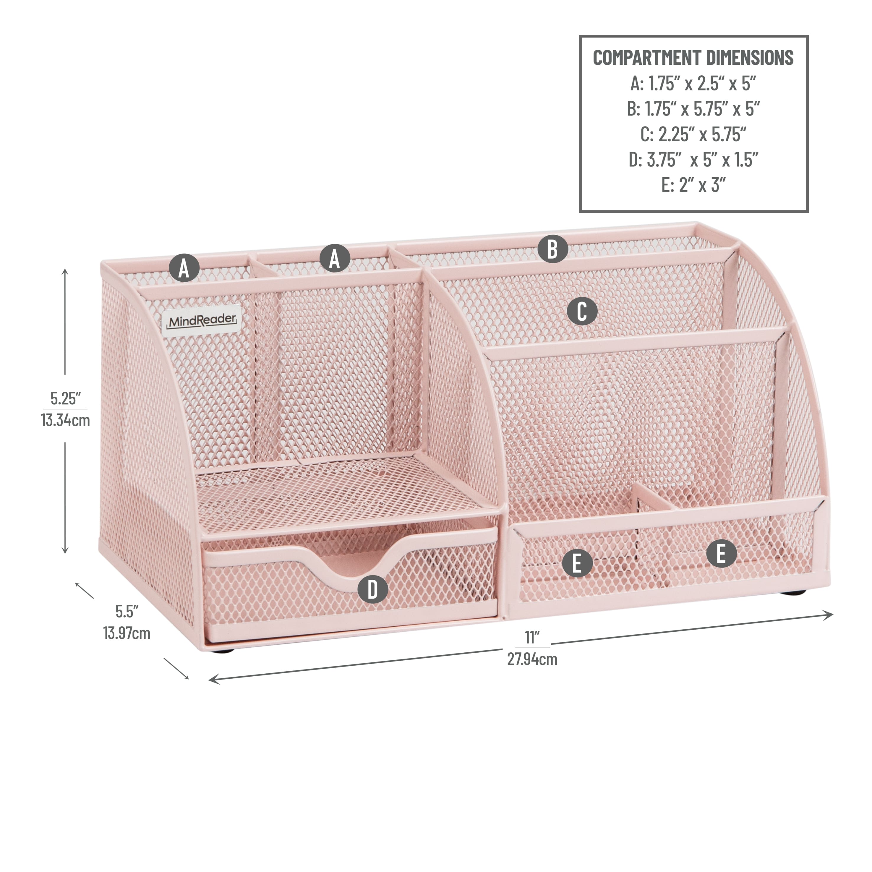 Mind Reader Desktop Organizer, File Storage, Accessory Storage, Workspace, Office, Metal Mesh, 11"L x 5.5"W x 5.25"H, Pink