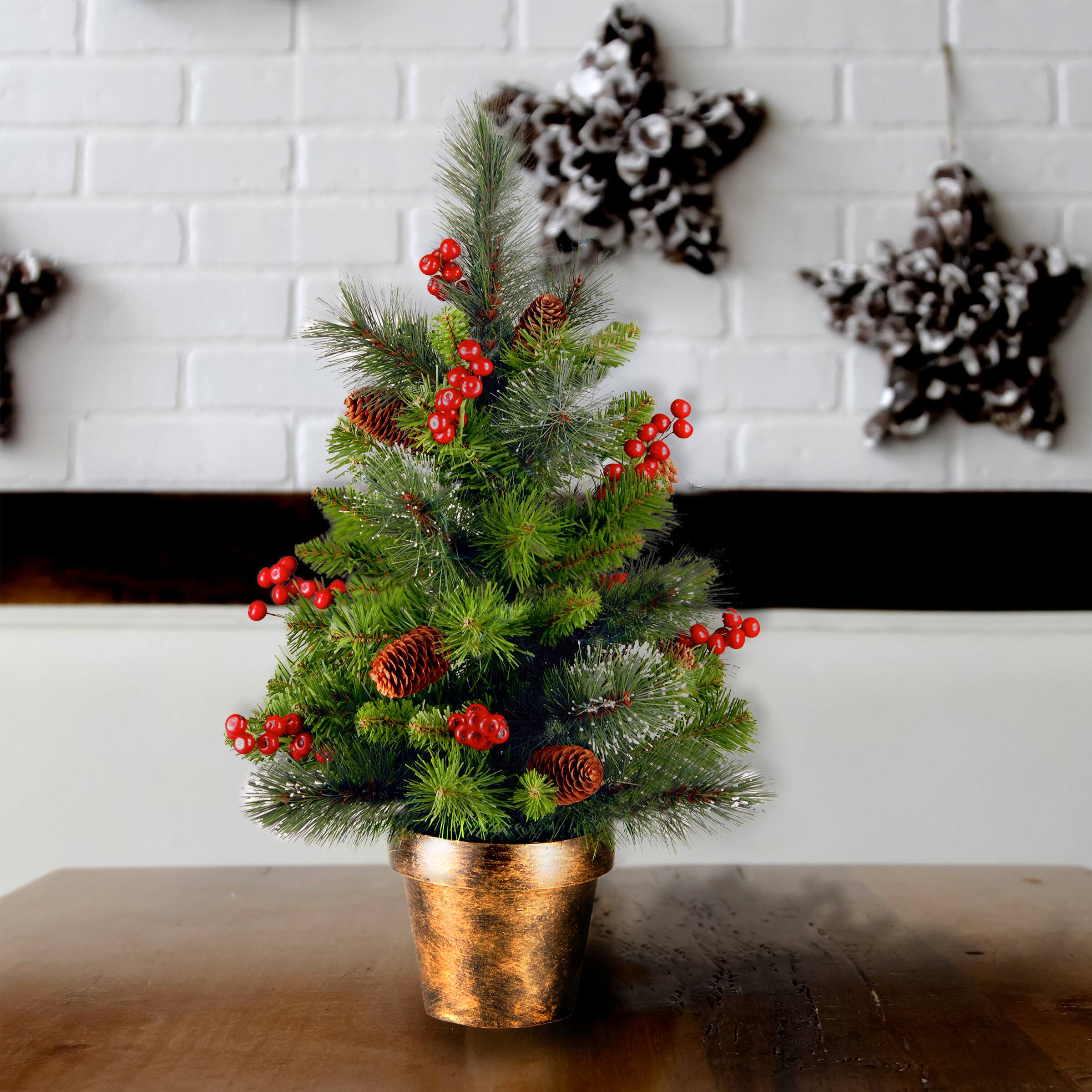 2ft. Unlit Silver Bristle, Pinecones, Red Berries &#x26; Glitter Crestwood Spruce Artificial Christmas Tree in Bronze Pot