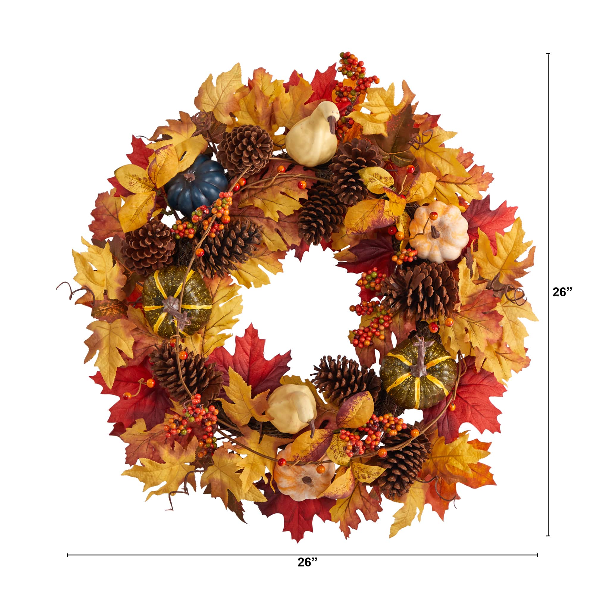 26" Fall Pumpkin, Gourd, Pinecone & Maple Leaf Wreath